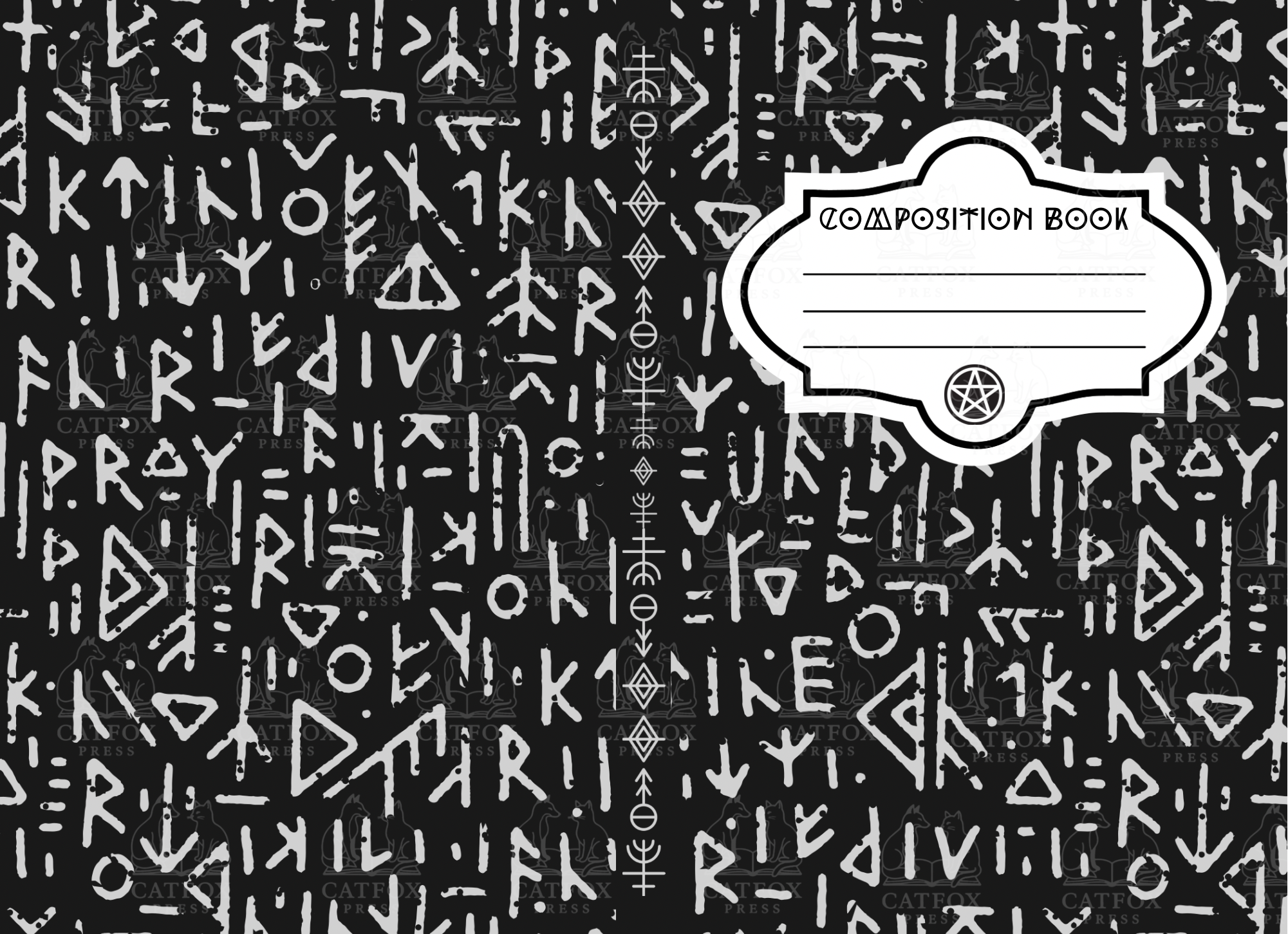 A black and white book cover for a composition book featuring a pattern of various runes and symbols, with a central label that says 'Composition Book' and space for writing. There is a pentagram symbol at the bottom of the label.