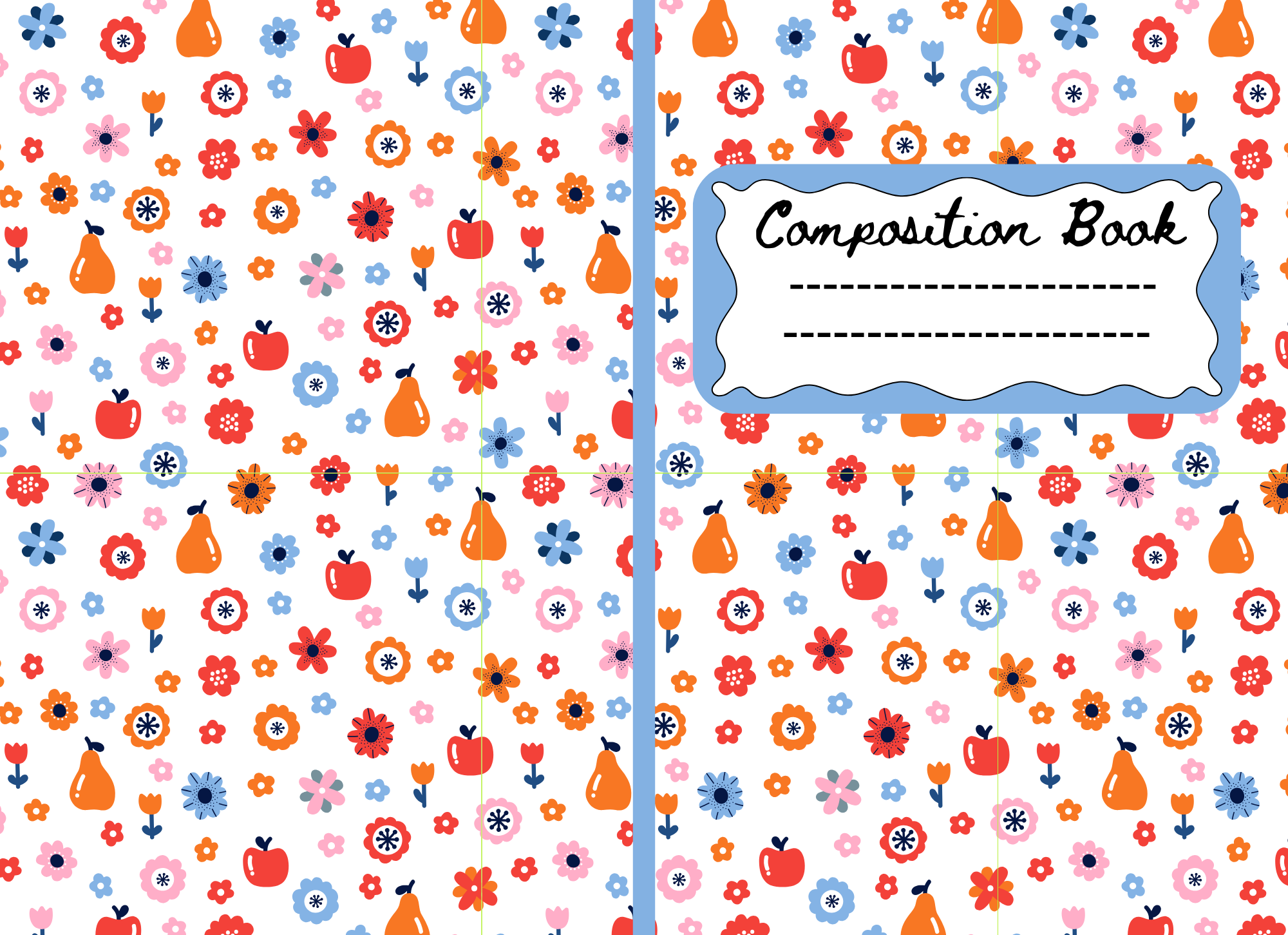 Colorful floral pattern with red, pink, blue, and orange flowers and pears, with a blue-framed label on the right side that says 'Composition Book'.