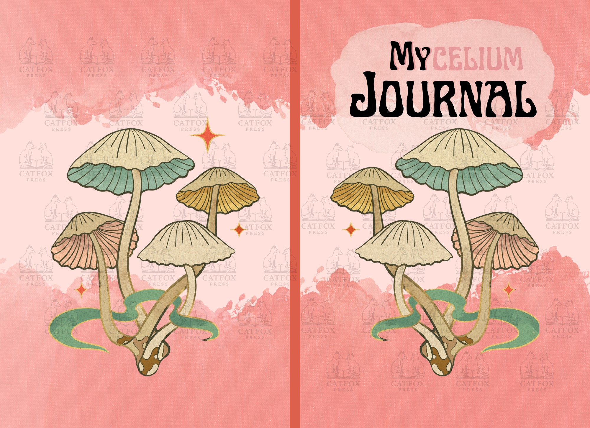 A digital illustration of a mushroom-themed journal cover titled 'My Celium Journal.' The cover features several mushrooms with beige caps and green or brown gills, illustrated in a stylized, hand-drawn style, set against a pink background with subtl
