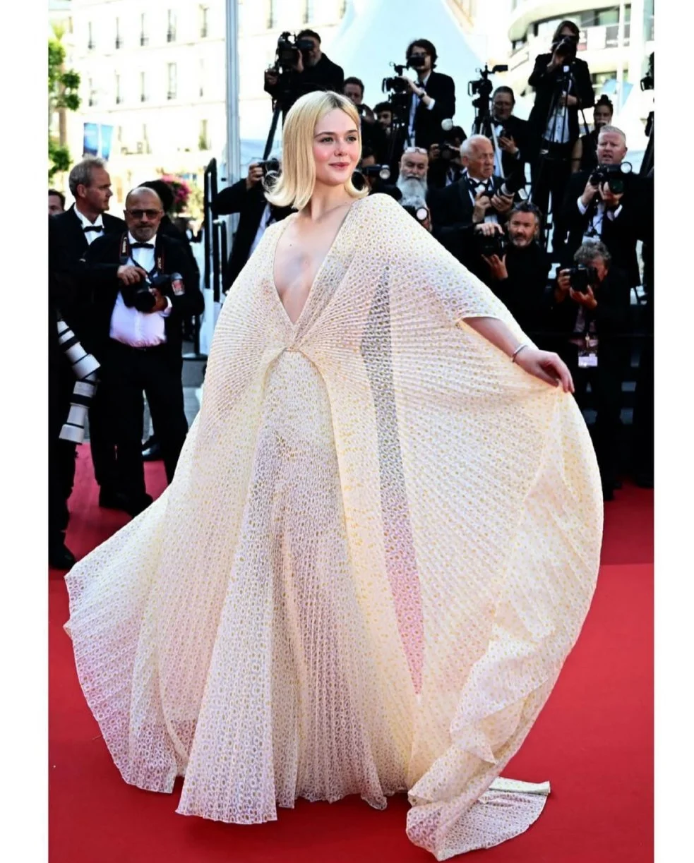Elle Fanning in Kaftan dress from the 2025 Gucci Resort collection 