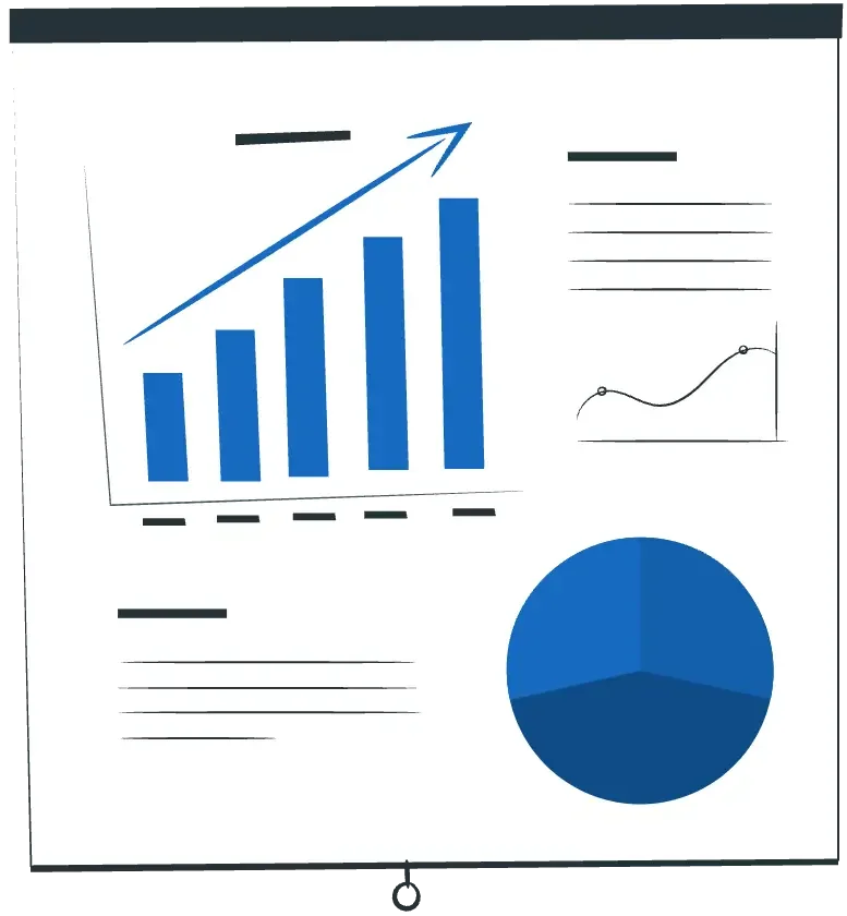 Business chart with a blue bar graph showing growth, a pie chart, and two smaller graphs with line and bar data.