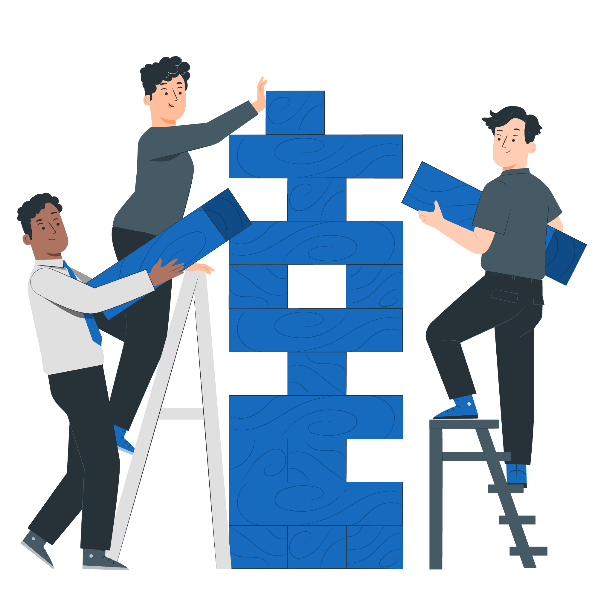 Three people stacking large blue wooden blocks to build a tower, using ladders and a stepladder.