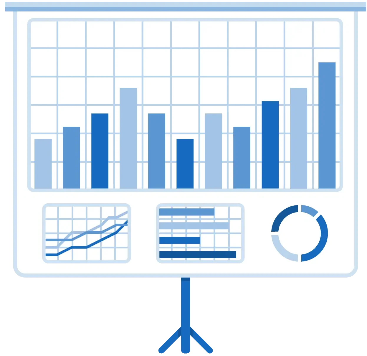A presentation screen displays various charts, including a bar graph, line charts, horizontal bar chart, and a pie chart, all in shades of blue.