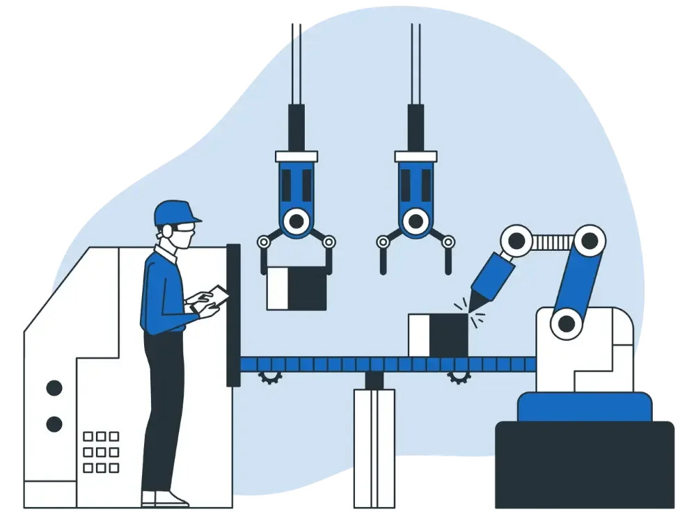 A person wearing a mask and glasses working on a touchscreen tablet in a factory with robotic arms and mechanical equipment.