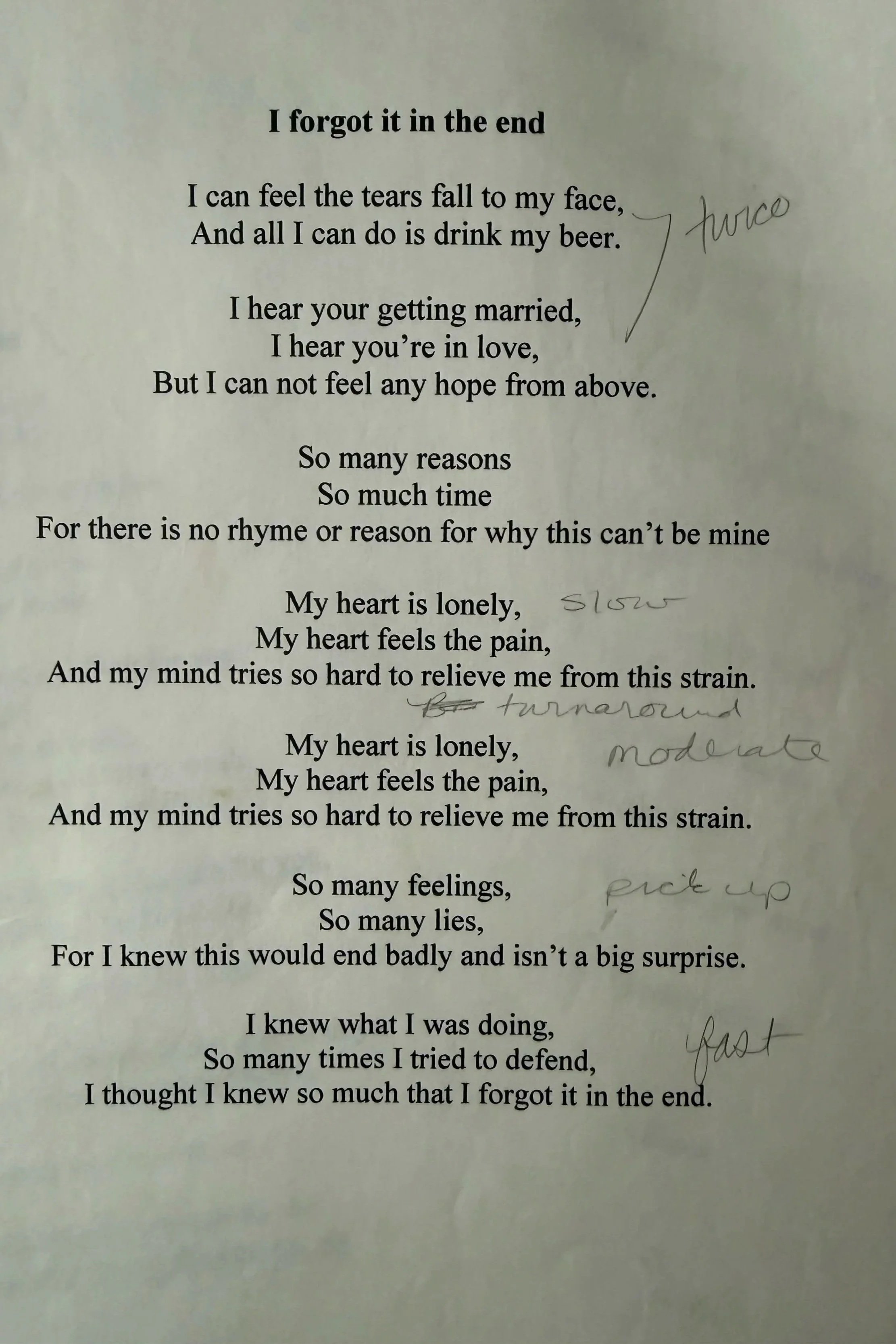 I Forgot It in the End, c. 1998
Original lyric/performance sheet.

Written while I was singing with Misoto Rolira, a band that played around Deep Ellum and Dallas, Texas in the late 1990s.

I wrote this after someone I had been dating proposed to ano