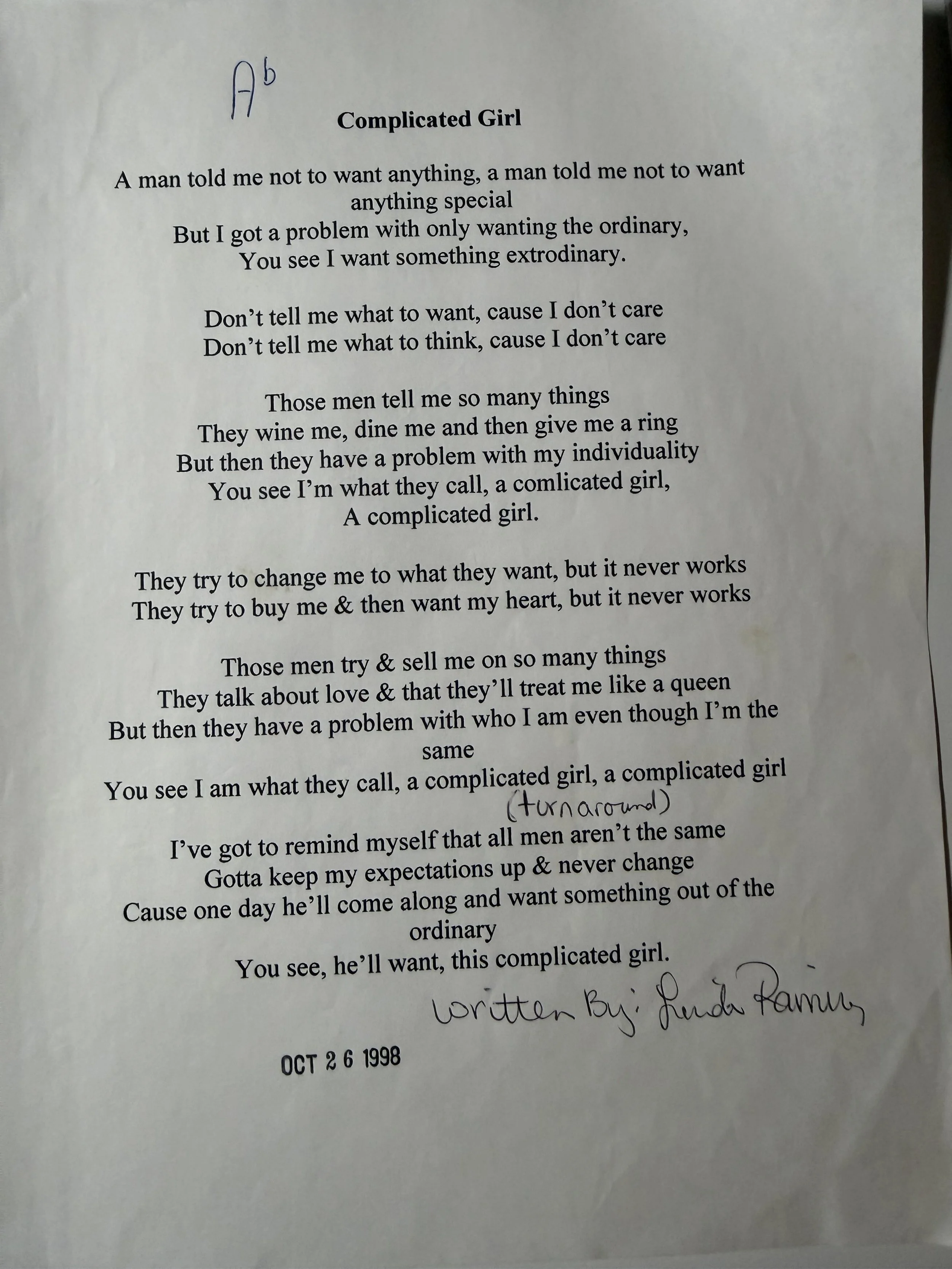 Complicated Girl — October 26, 1998
Original lyric sheet, written and performed with Misoto Rolira.

I was fiercely independent in my twenties, and this song came out of something I kept encountering: men who were drawn to that independence, but then