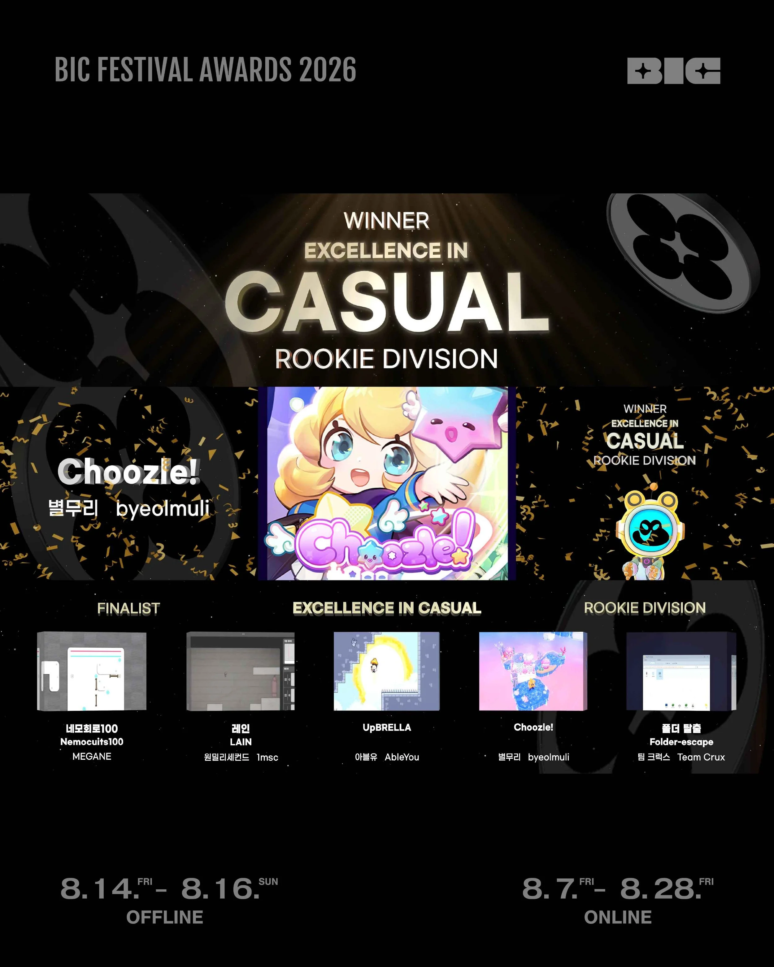 Choozle! won Excellence in Casual - Rookie Division at BIC Festival 2026 in Korea