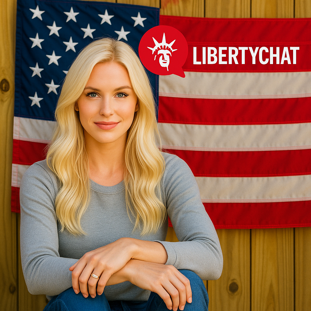 A blonde woman smiling with American flags in the background, one American flag and a red banner with the word 'LibertyChat' and a stylized Statue of Liberty icon.