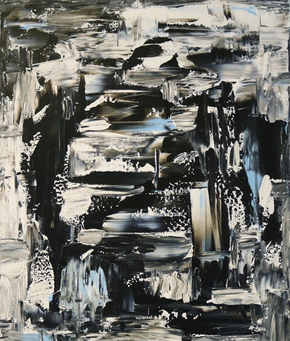 Abstract painting with black, white, gray, and beige brushstrokes and textures.