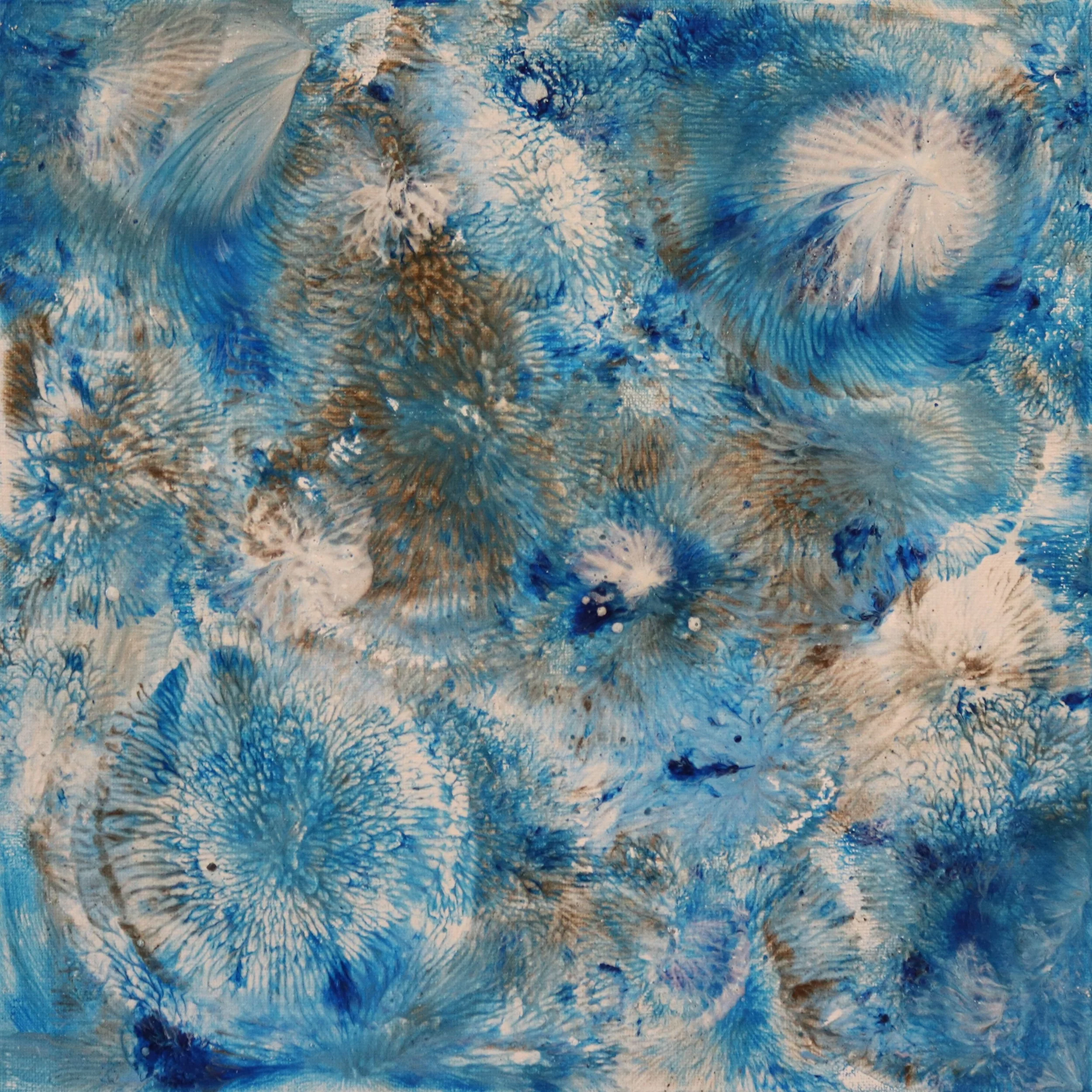 Abstract painting with blue, white, and brown circular patterns resembling underwater coral or marine life forms.