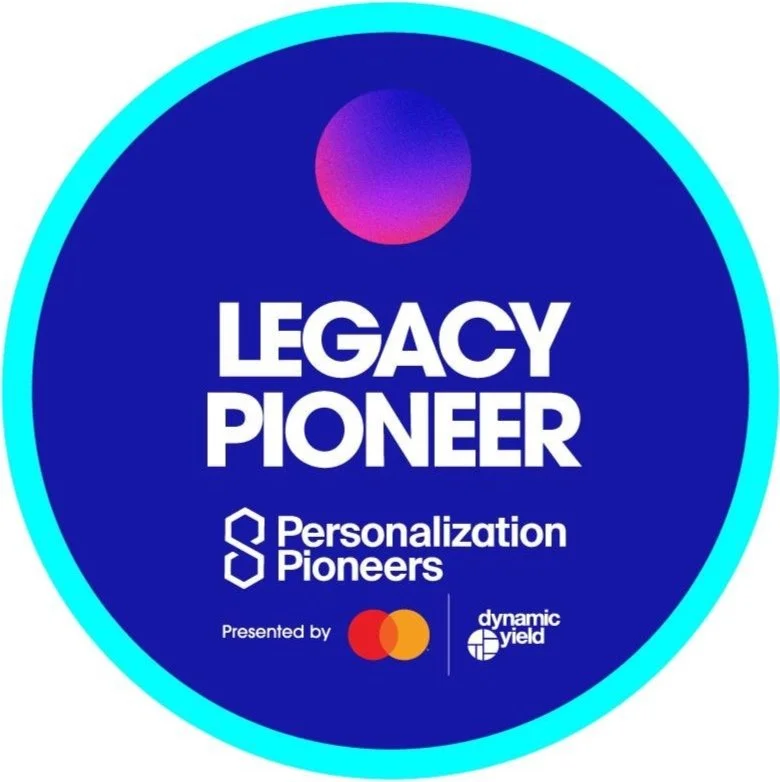 Circle-shaped award badge graphic with a dark blue background, the words 'Legacy Pioneer' in large white text, and logos for Personalization Pioneers, Mastercard, and Dynamic Yield.
