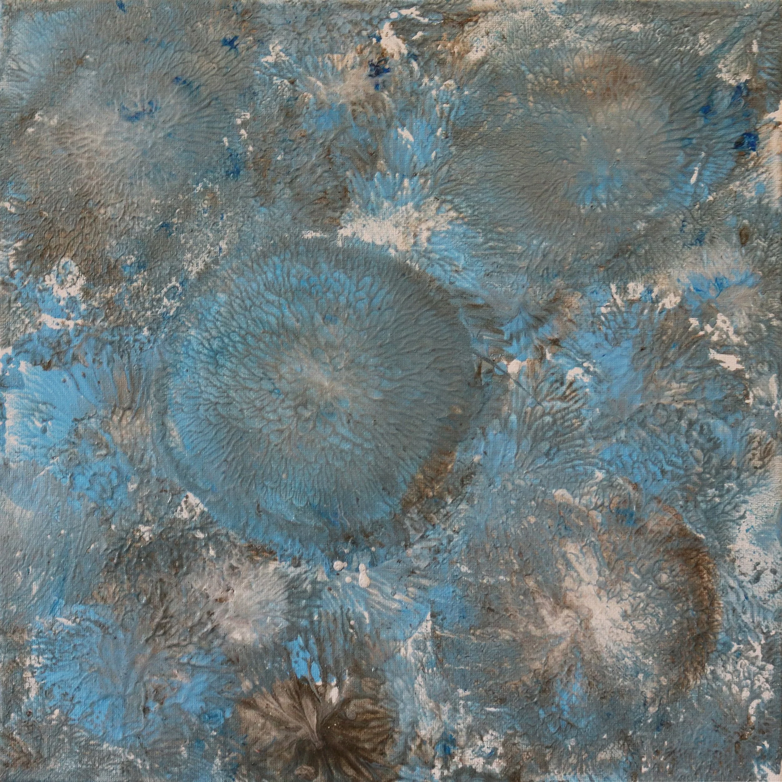 Abstract painting with blue, brown, and white colors, featuring circular and textured patterns.