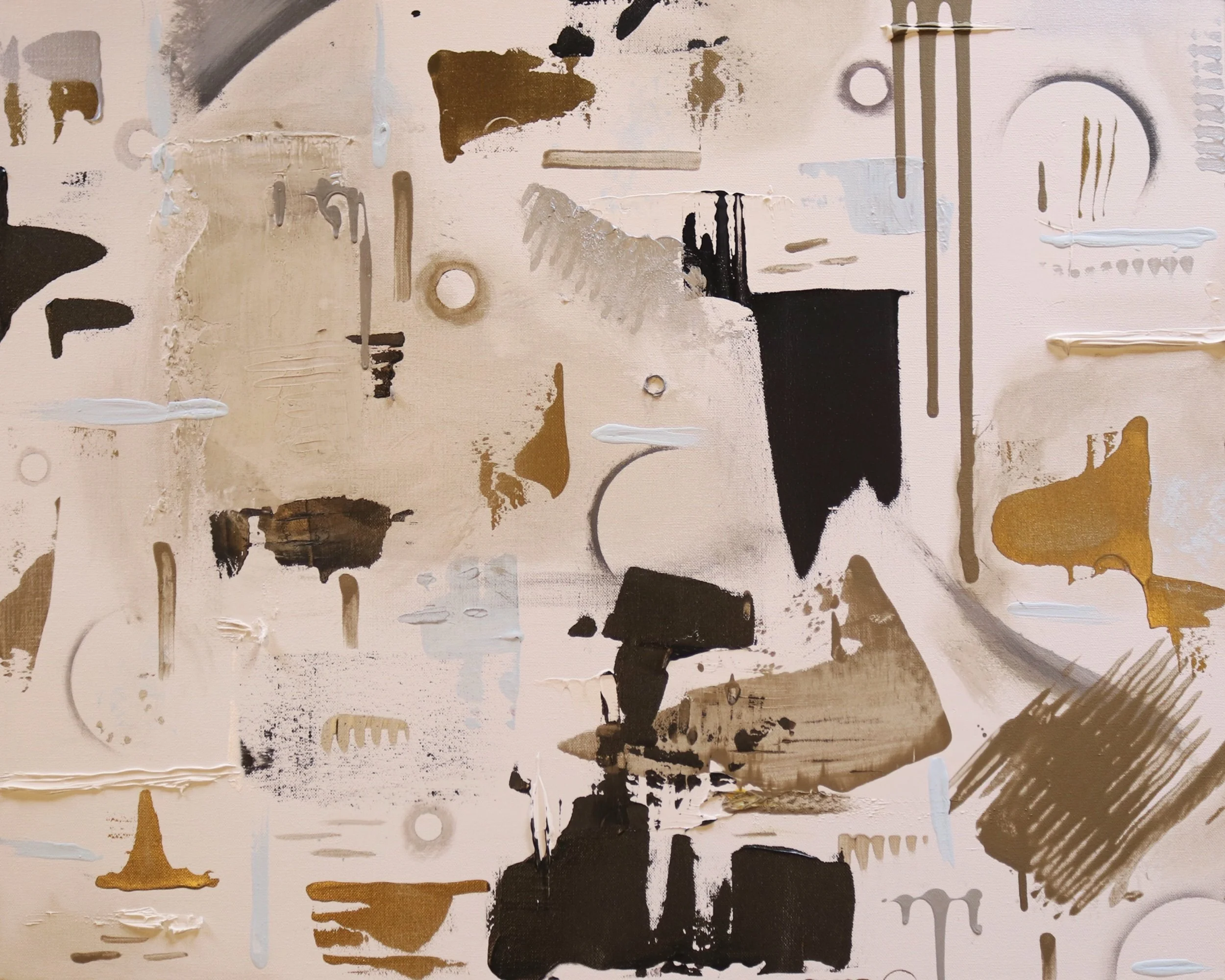 Abstract painting with beige, black, white, and gold paint strokes and geometric shapes.