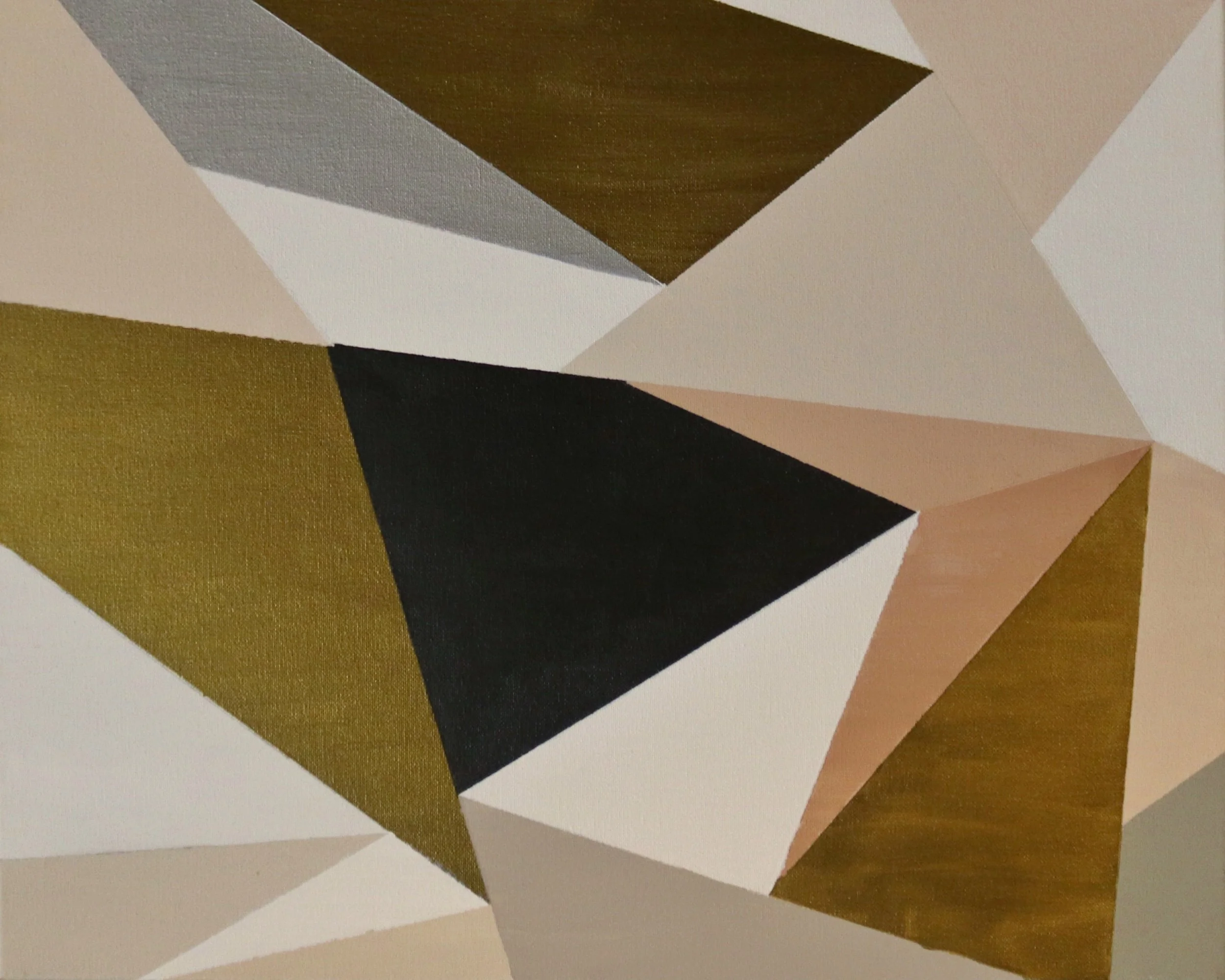 Abstract geometric painting with various triangles and polygons in shades of beige, black, white, gray, and gold.