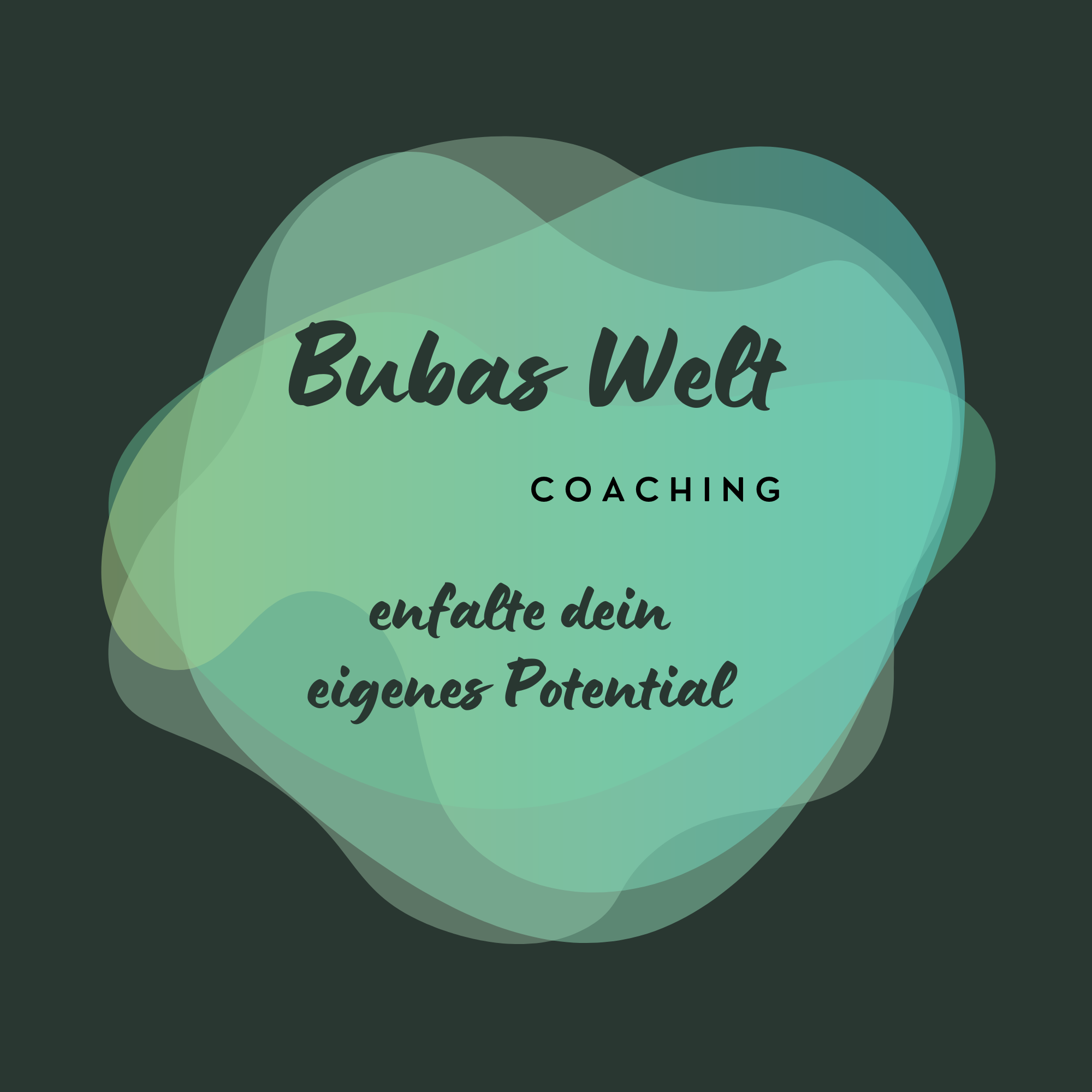 Business card with green abstract background and black text that reads 'Bubas Welt Coaching entfalte dein eigenes Potential'.