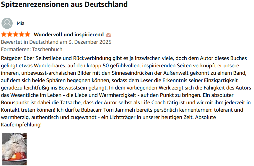 Review of a book titled 'Wundervoll und inspirierend' by Mia, rated 5 stars, written in German, with an image of a fluffy white cat holding an orange object.