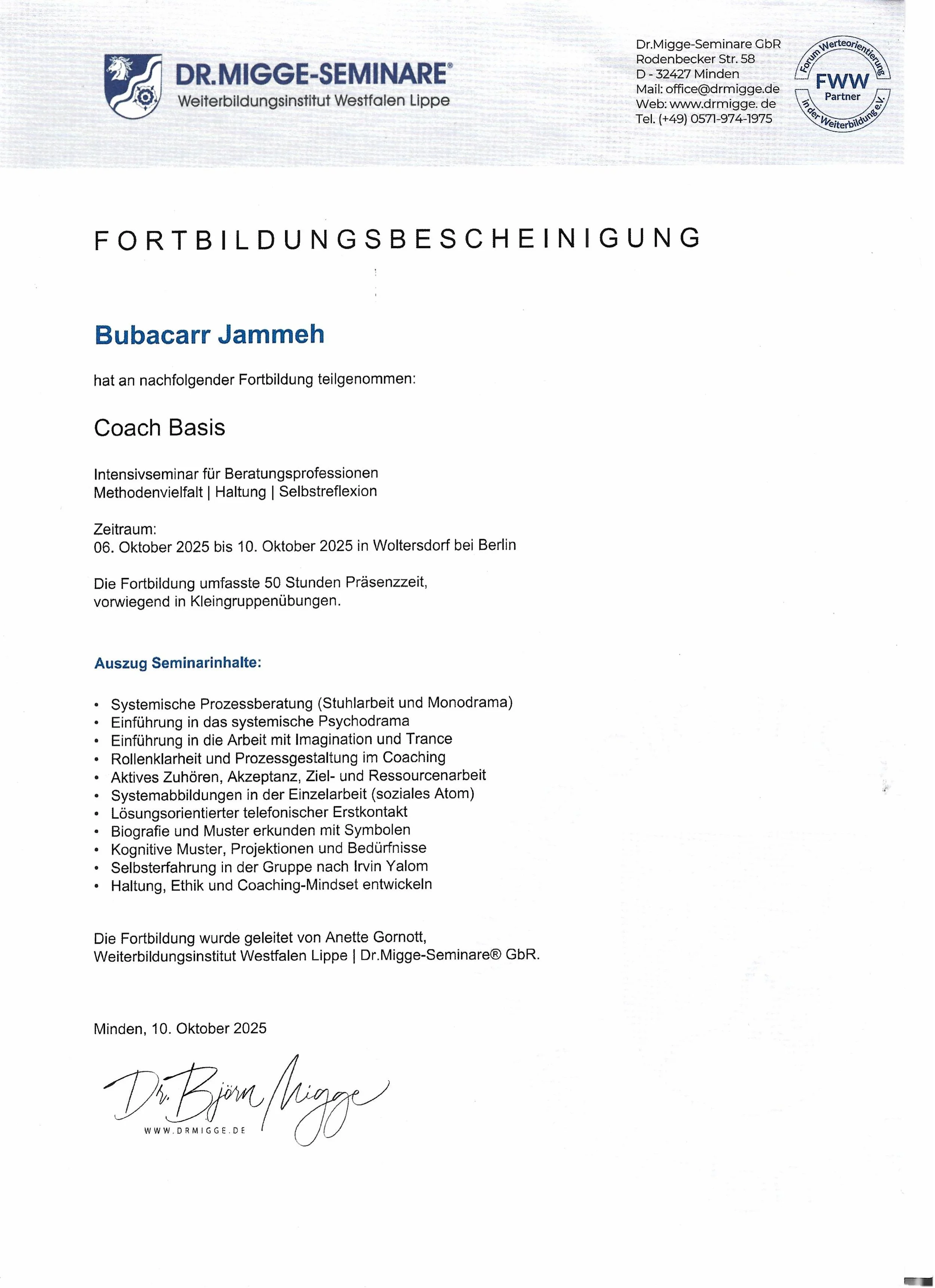 Certificate of training participation awarded to Bubacarr Jammeh by Dr. Migge-Seminare for a coaching basic course held in October 2025 in Woltersdorf, Berlin, including seminar content and signature.