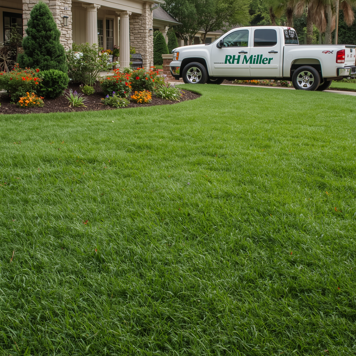 A well-maintained front yard with green grass, flowering plants, and shrubs. A white pickup truck with the text 'RH Miller' parked in the driveway, with a house featuring stone and siding exterior, columns, and a porch in the background, surrounded by trees.