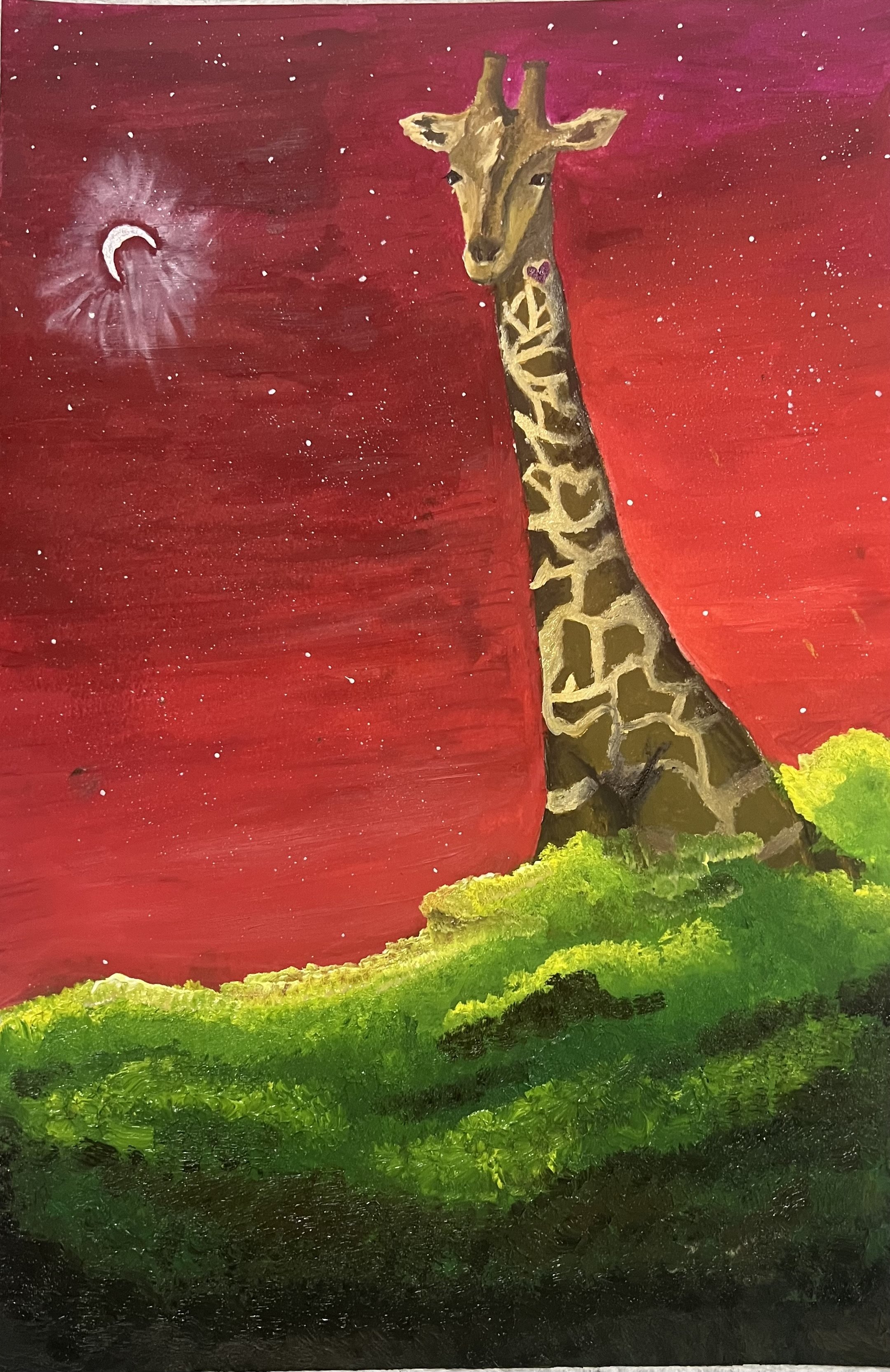 Painting of a giraffe with a star-filled red sky and a moon in the background, standing on a grassy hill.