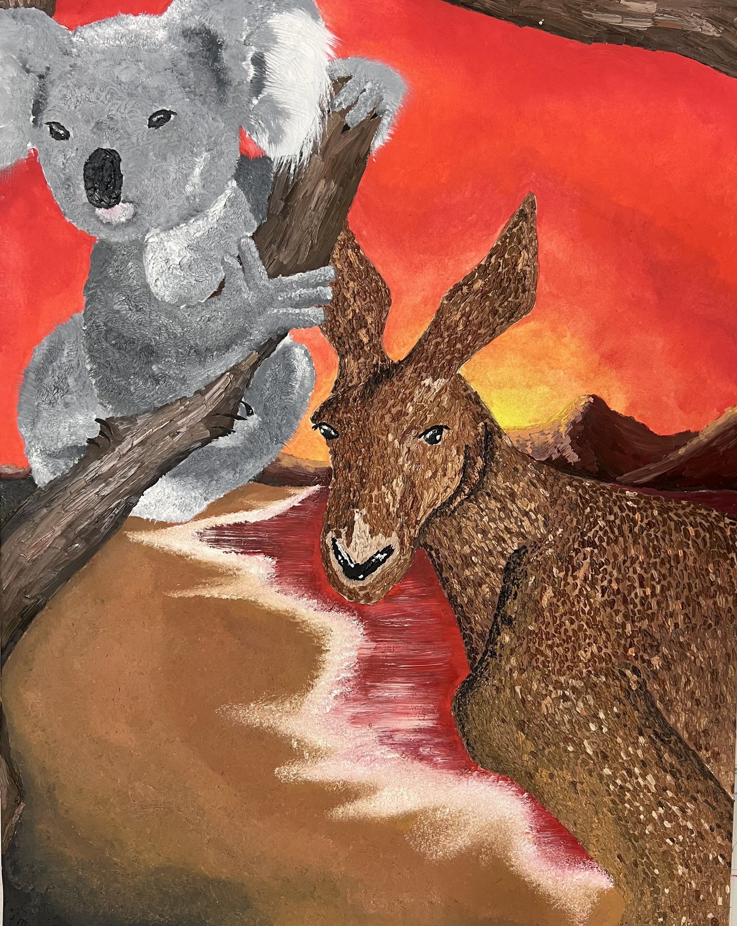Painting of a koala sitting on a tree branch and a kangaroo standing nearby with a sunset in the background.