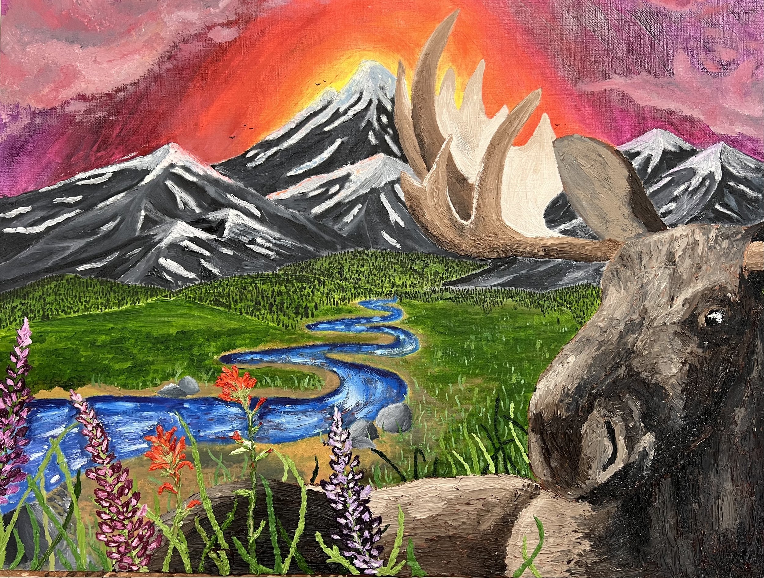 A colorful landscape painting of towering snow-capped mountains, a river flowing through green meadows, and a bear's head in the foreground, with a sunset or sunrise in the sky.