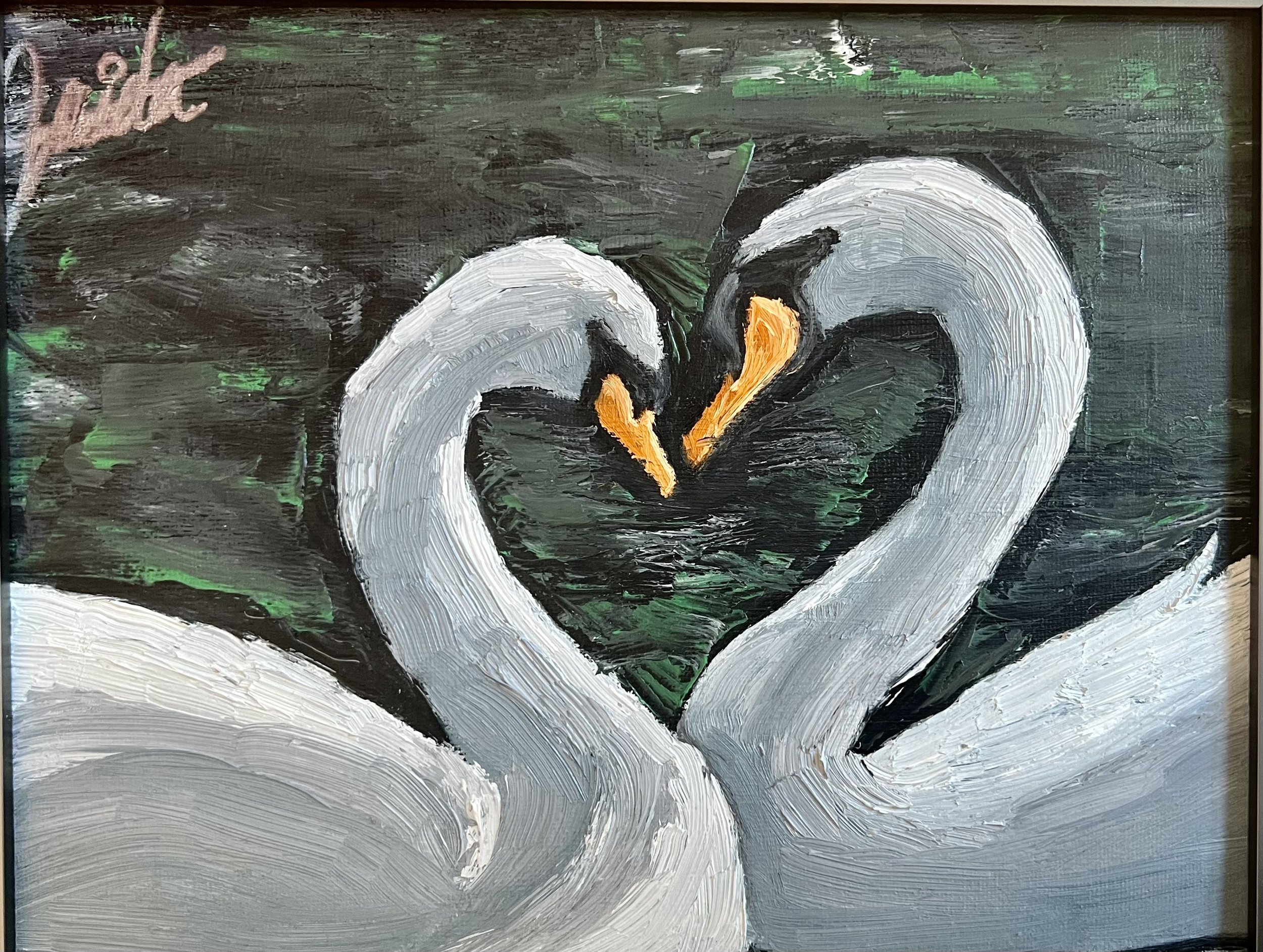 Painting of two swans with their necks curved to form a heart shape, set against a dark background with green highlights.