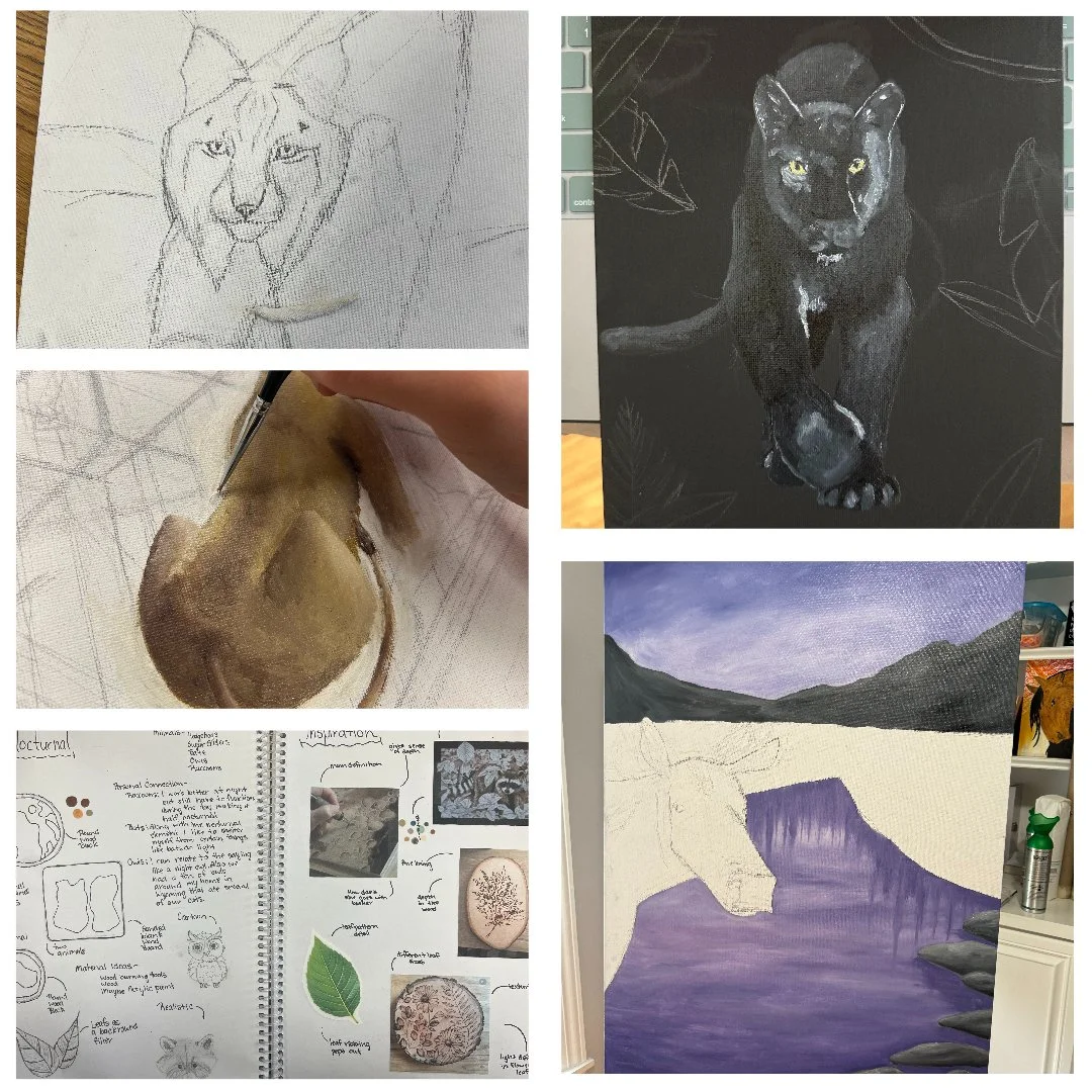 A collage of five images showing the artistic process of creating various artworks, including sketches, paintings of a black panther, a landscape with mountains and a lake, a brown animal, and a study of leaves and natural patterns.