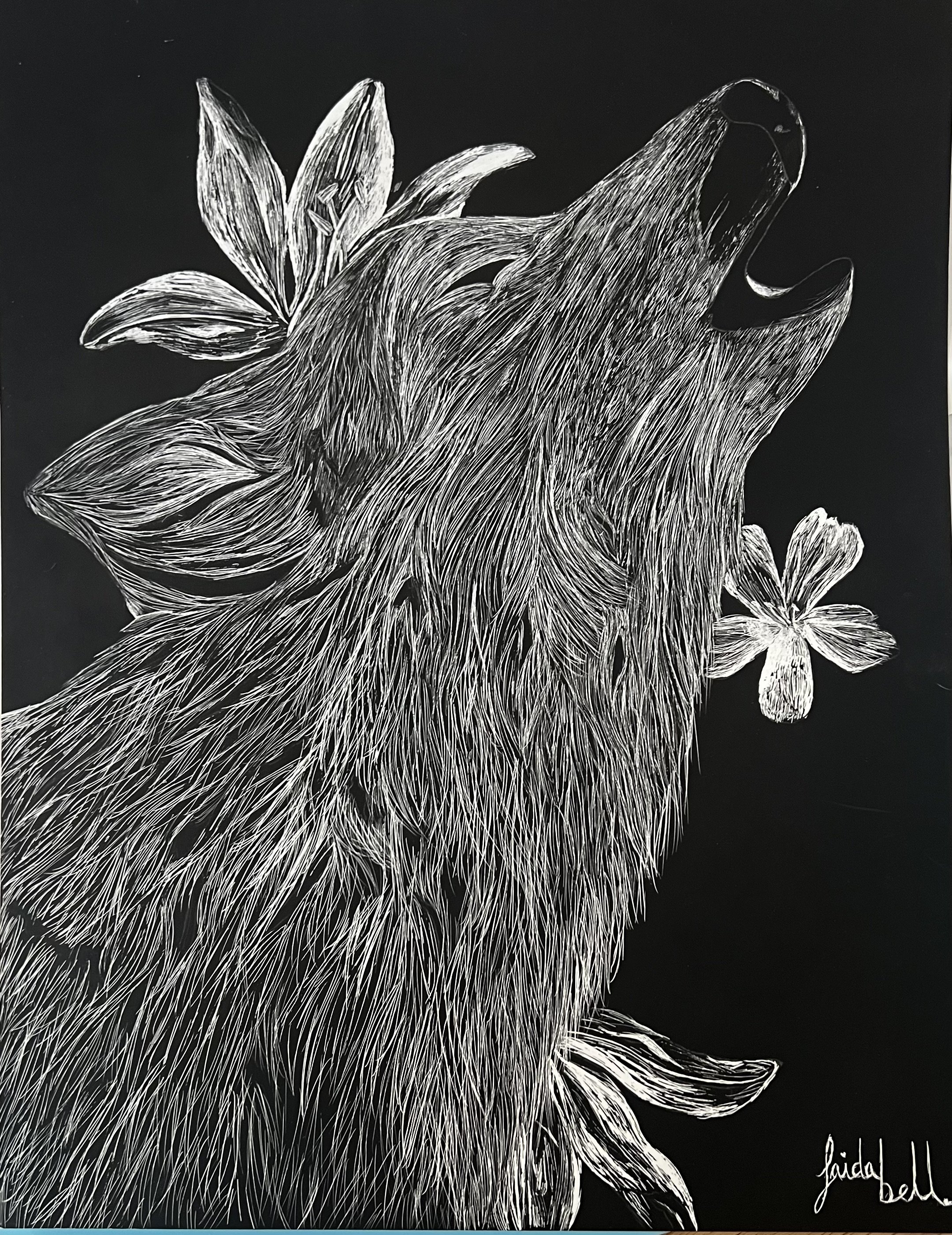A detailed black and white line drawing of a howling wolf with leaves and a flower, signed by the artist in the bottom right corner.