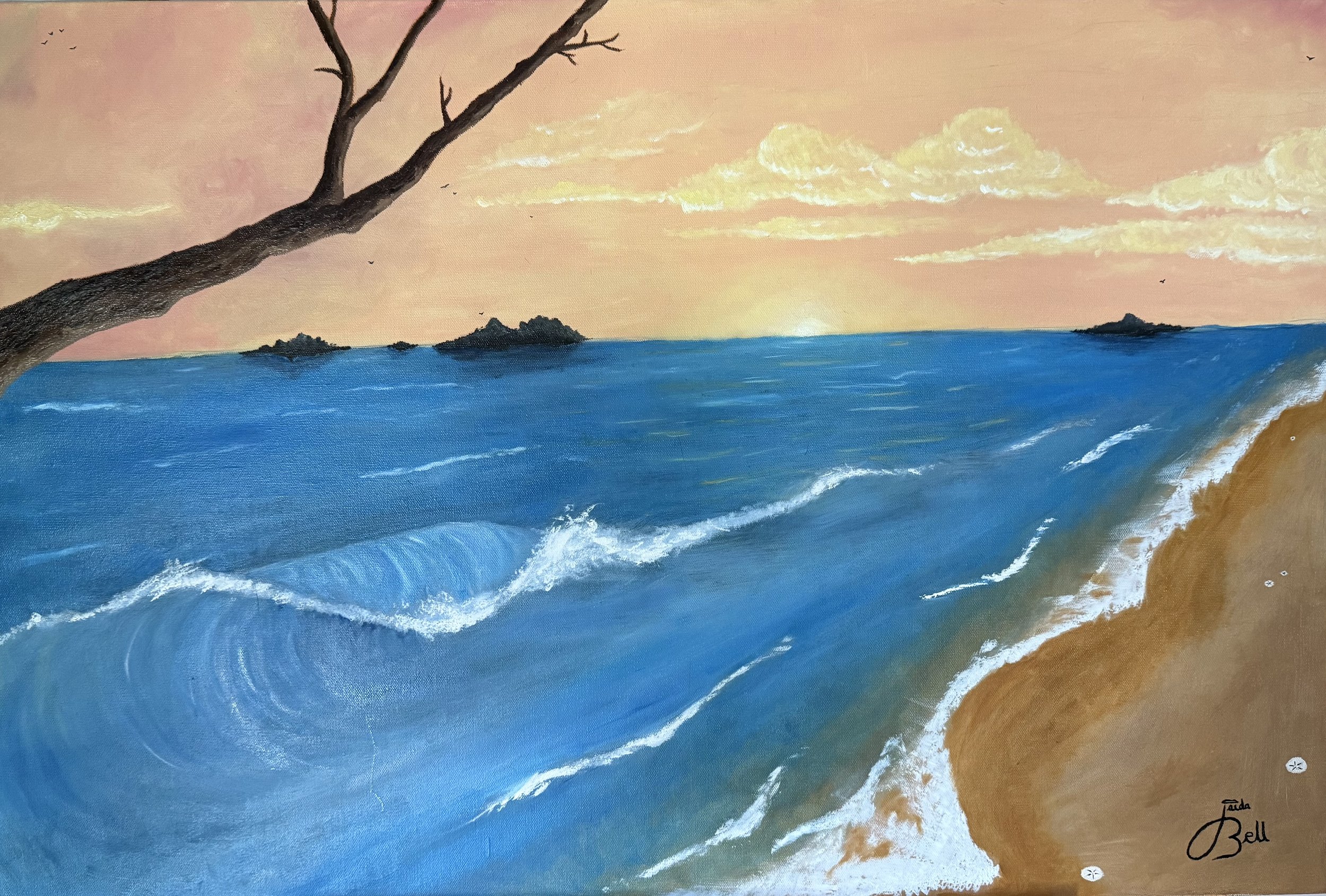 Painting of a sunset over the ocean with small waves, a sandy beach on the right, a tree with bare branches on the left, and small islands in the distance.
