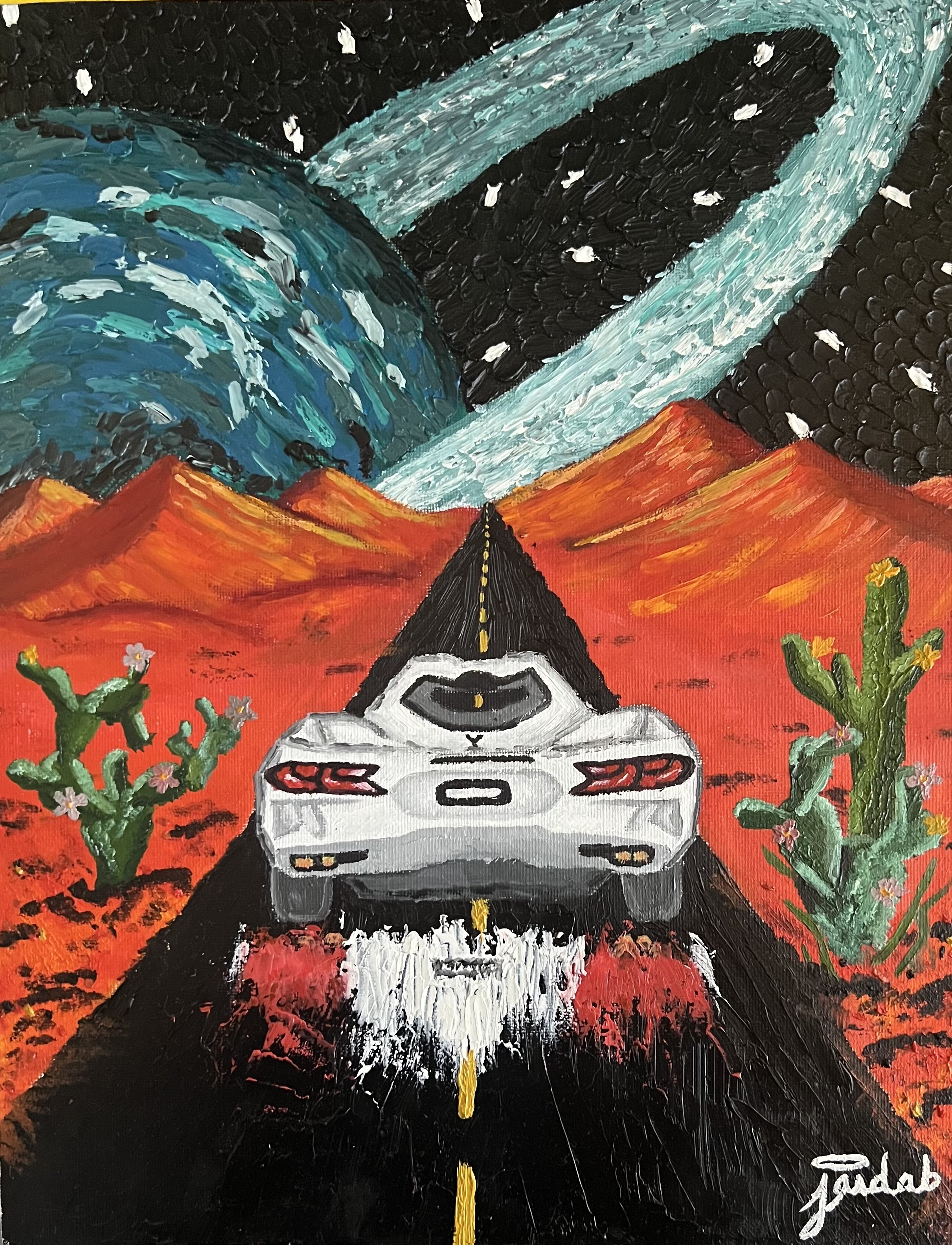 Painting of a white sports car driving on a black road in a desert landscape with red mountains, cacti with flowers, and a starry sky featuring a large blue planet and a swirling galaxy.