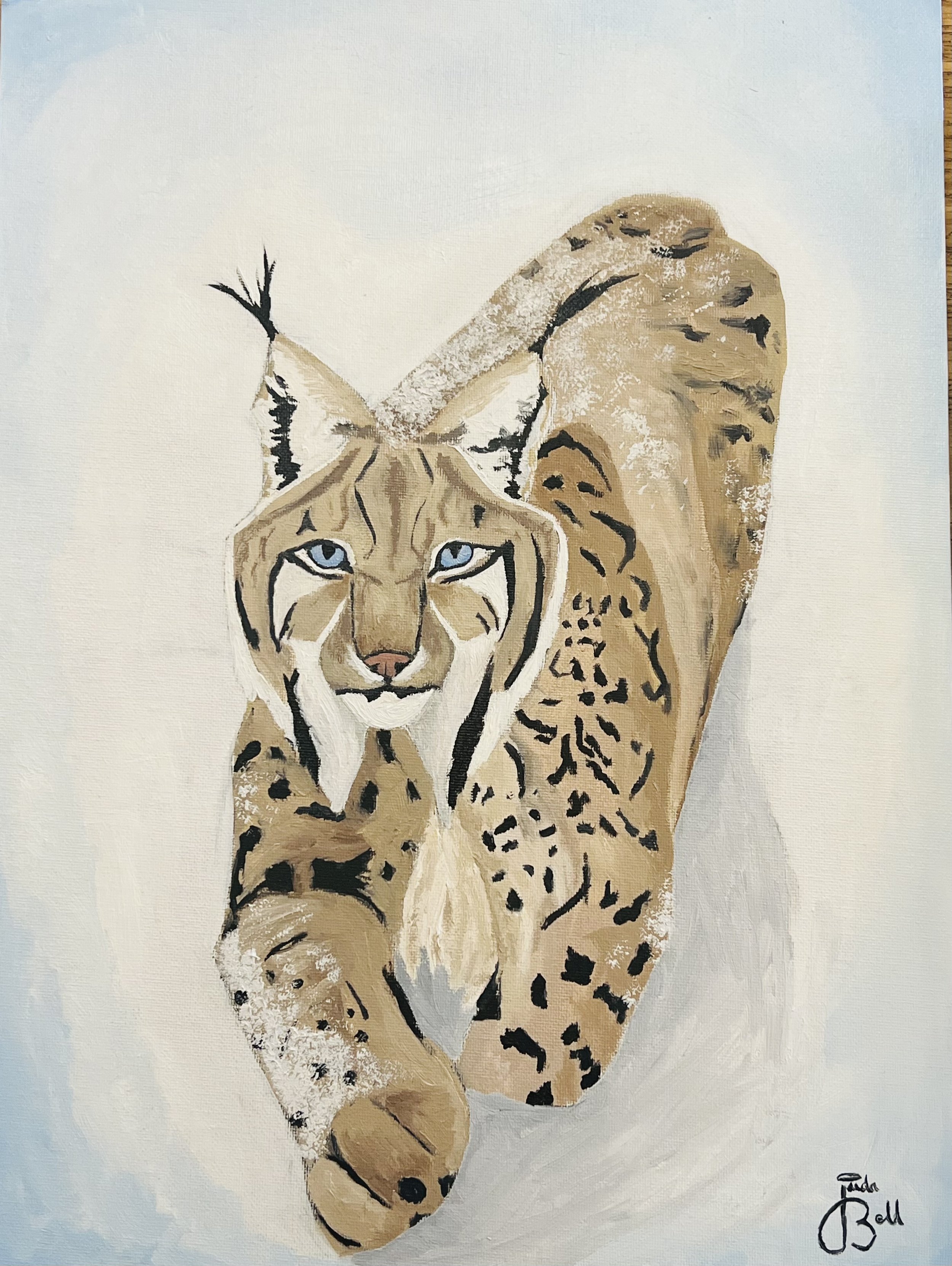 Painting of a cheetah with piercing blue eyes lying down, with a white background.