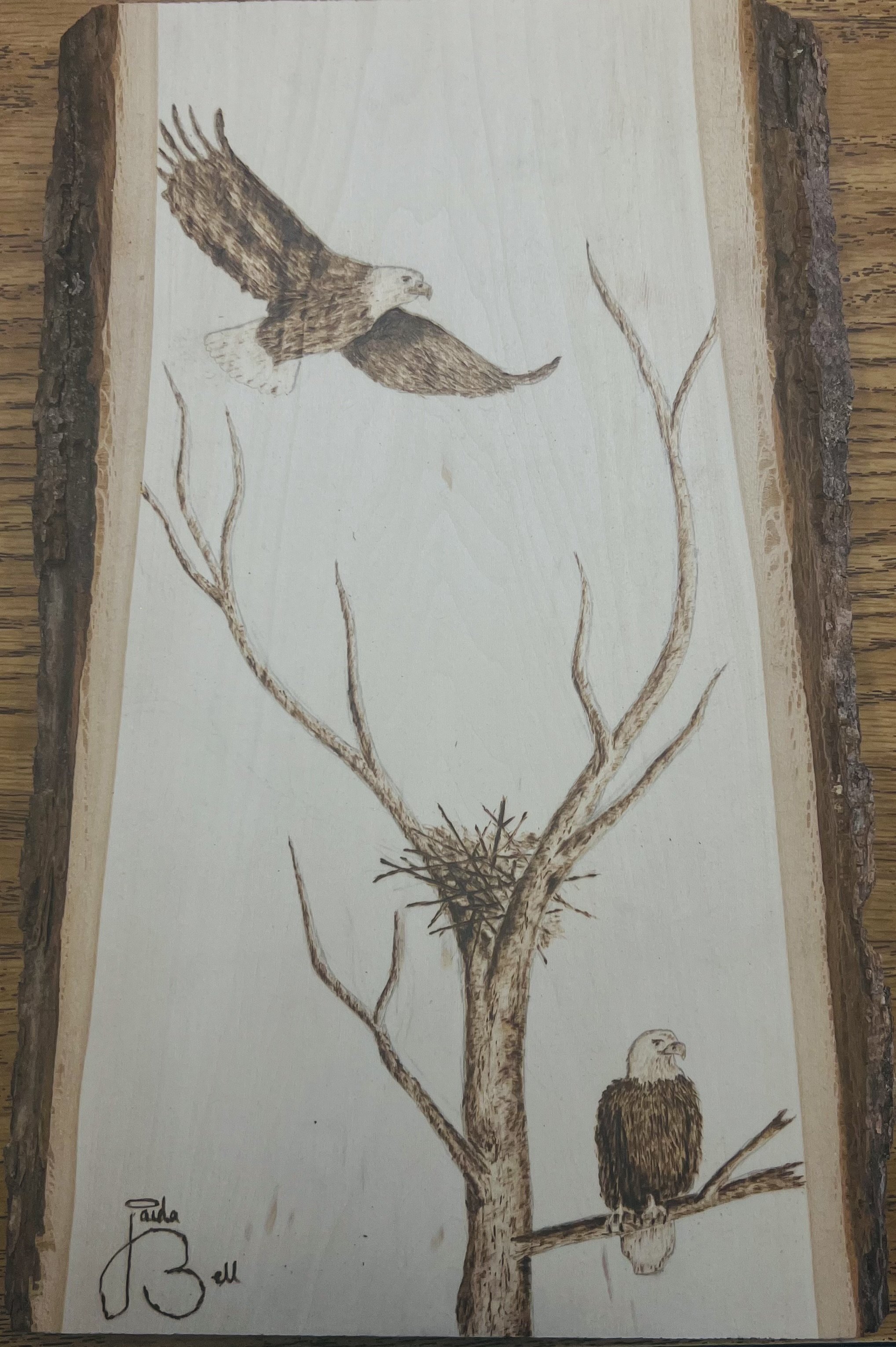 Painted wooden plaque featuring two bald eagles, one flying and one perched on a branch, with a nest in a leafless tree.