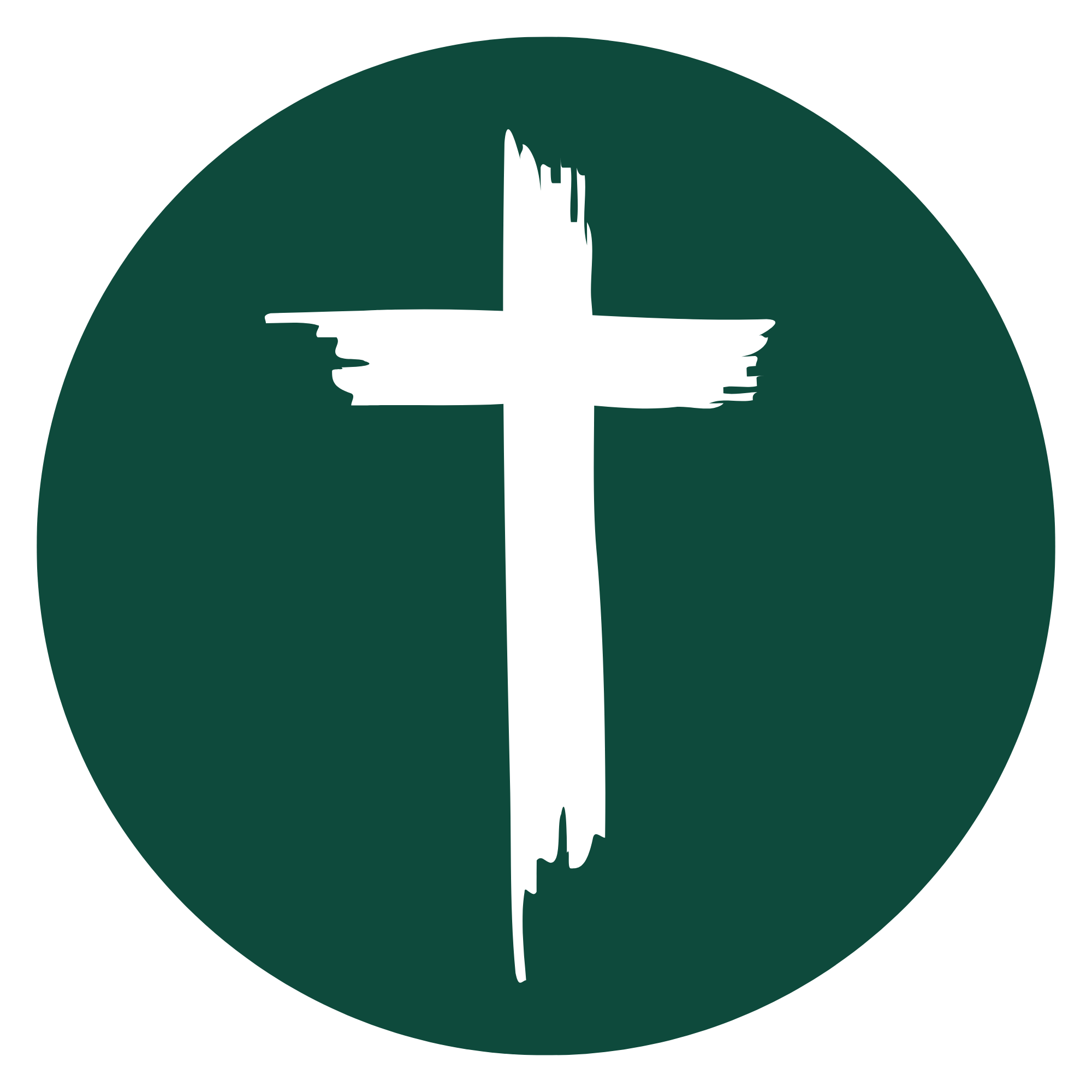 A dark green circular logo with a white cross made of a rugged, paintbrush stroke
