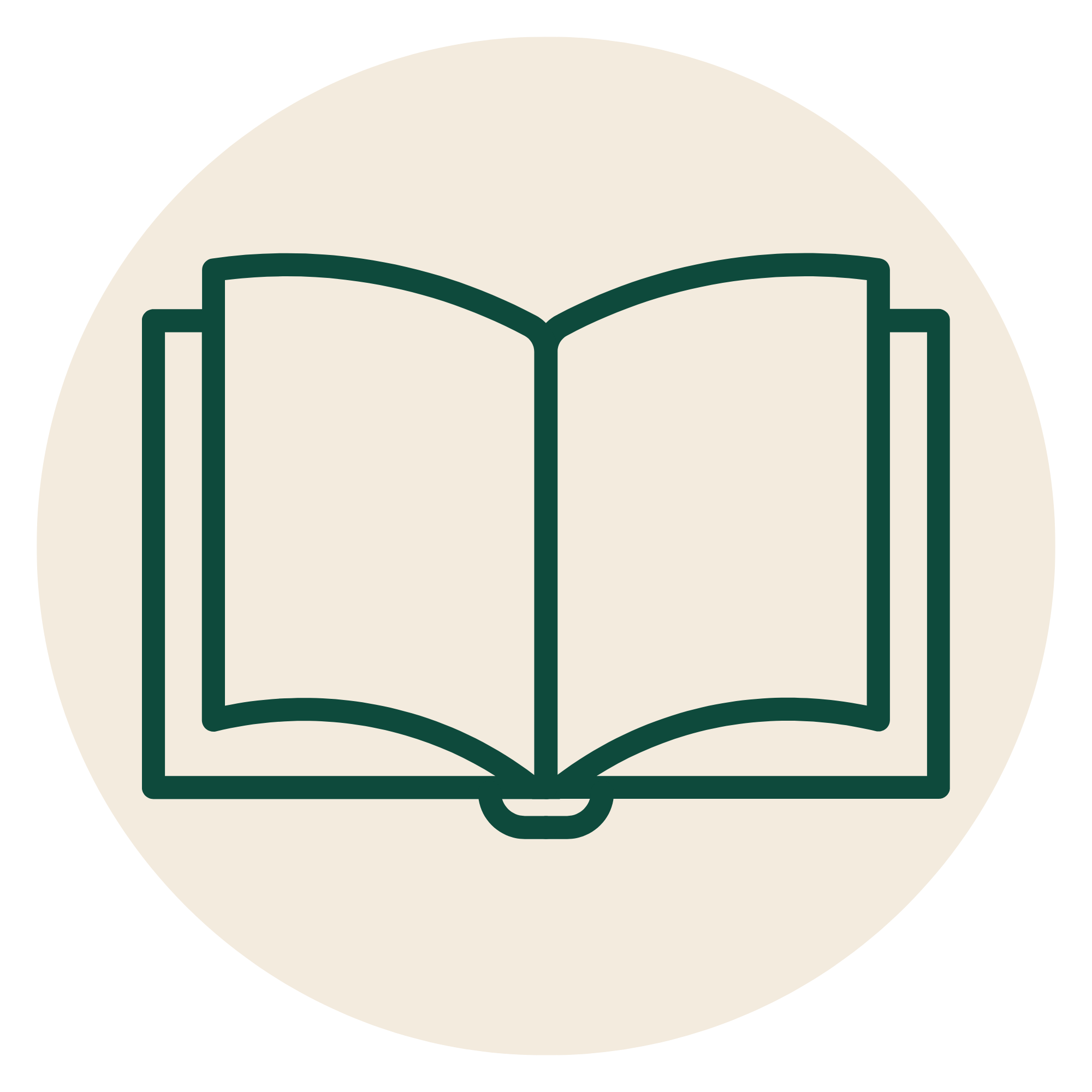 Illustration of an open book within a circular background, depicted in dark green outline style.