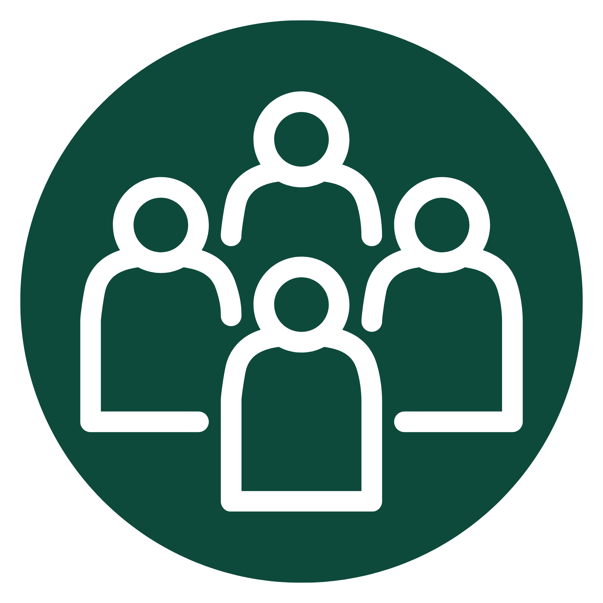 Icon of three stylized human figures connected in a triangle on a dark green circular background.