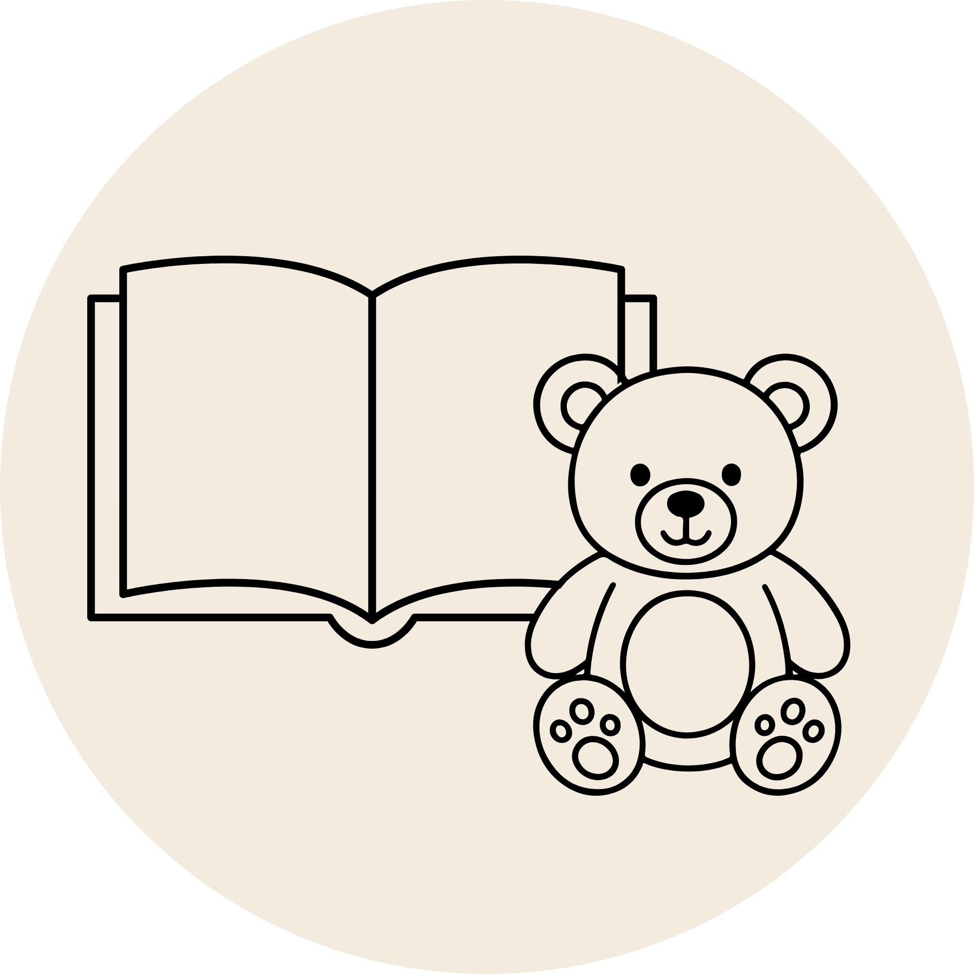 Outline of a teddy bear with a large open book behind it, set against a plain background.