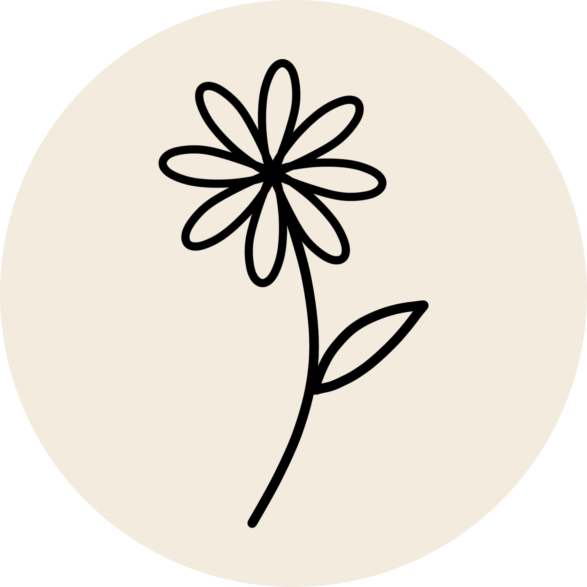 Minimalist black line drawing of a flower with multiple petals inside a circular shape.