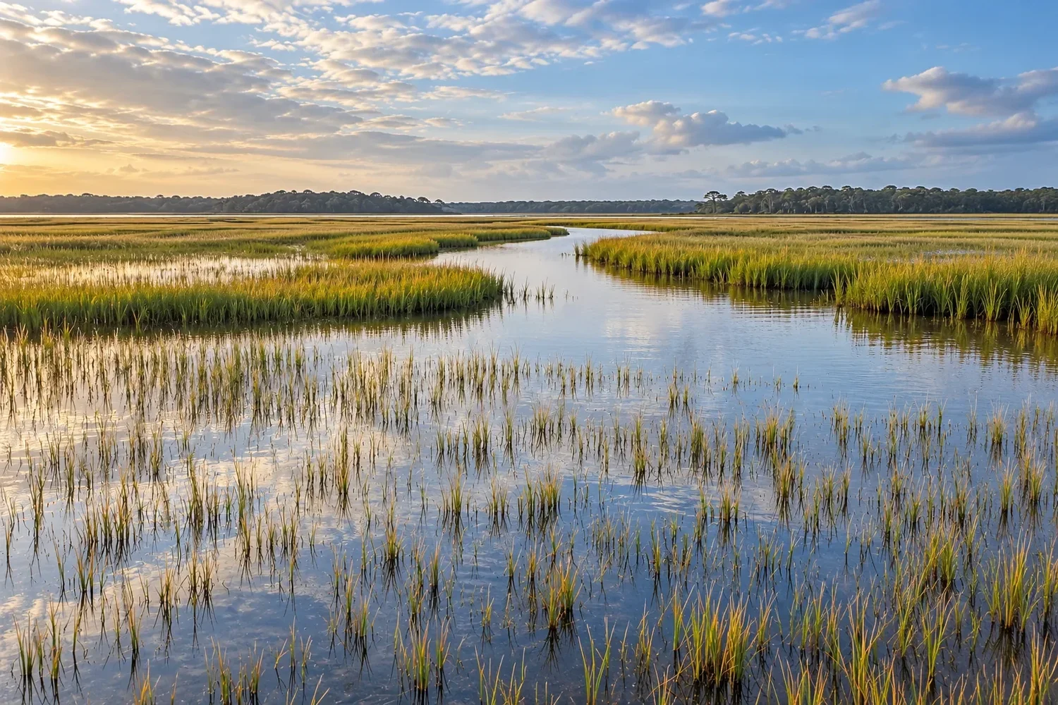 Short spartina grass standing in clear water at high tide, with a tidal creek and a distant tree line