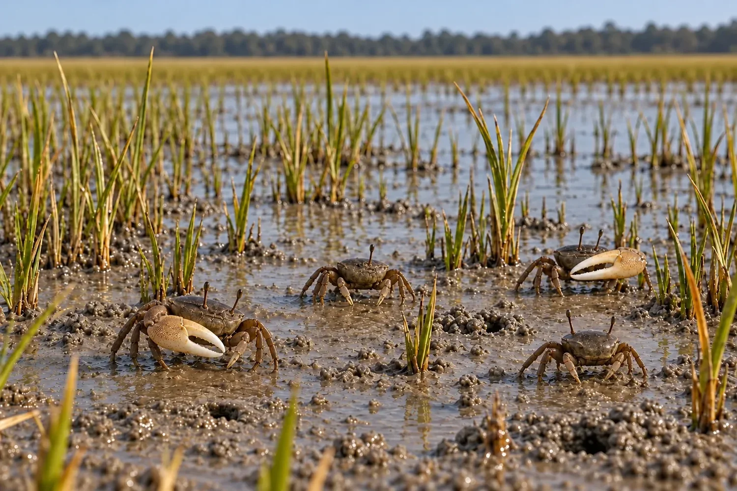 Marsh fiddler crabs on wet mud among short spartina stems, with burrow holes and mud pellets