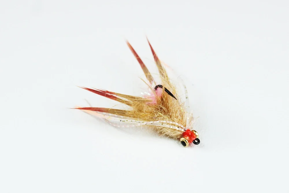 Megafin Kung Fu Crab fly in tan, with rubber legs, on a white background