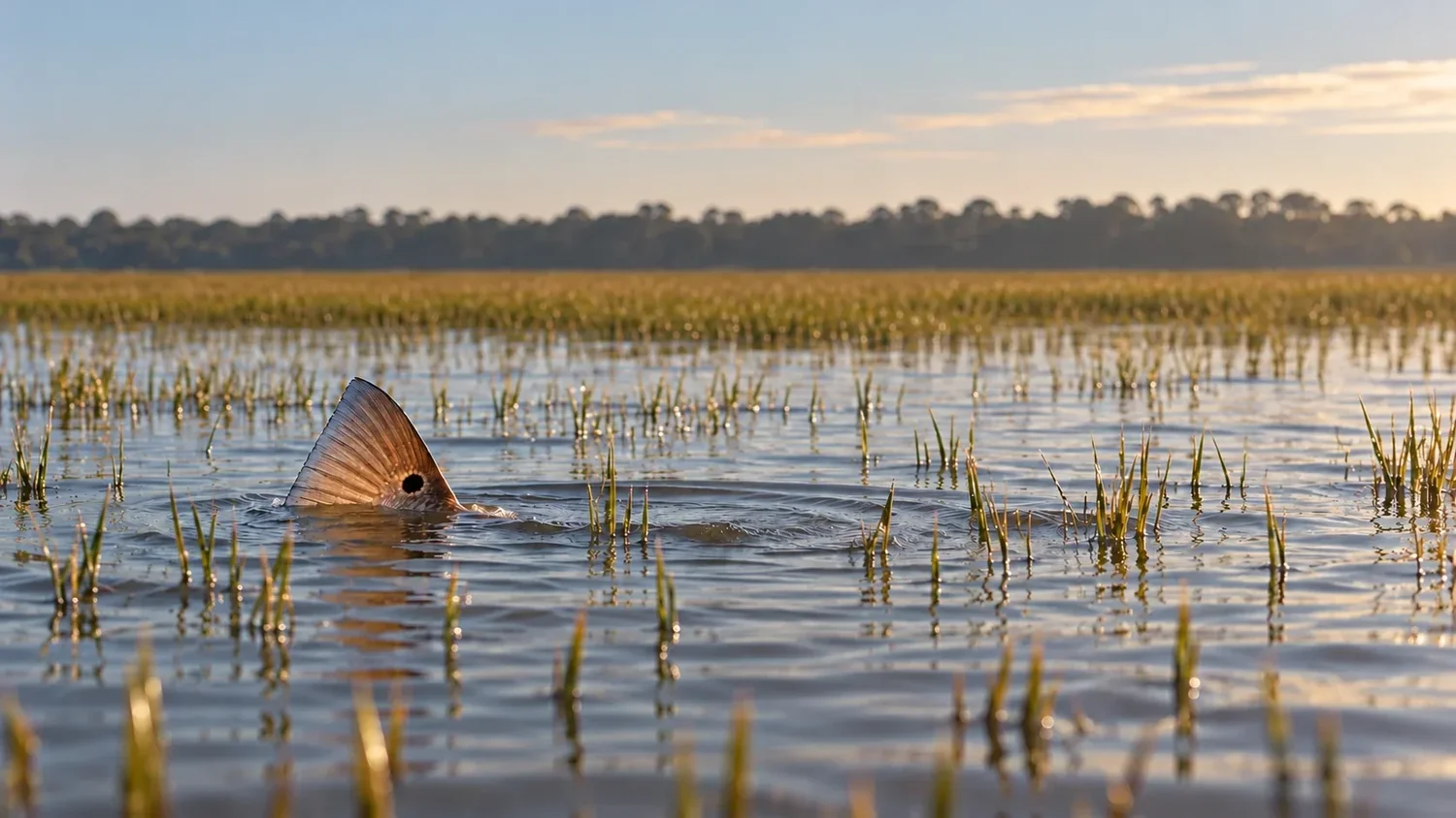 A redfish tail with its black spot breaking the surface among flooded spartina grass at sunrise