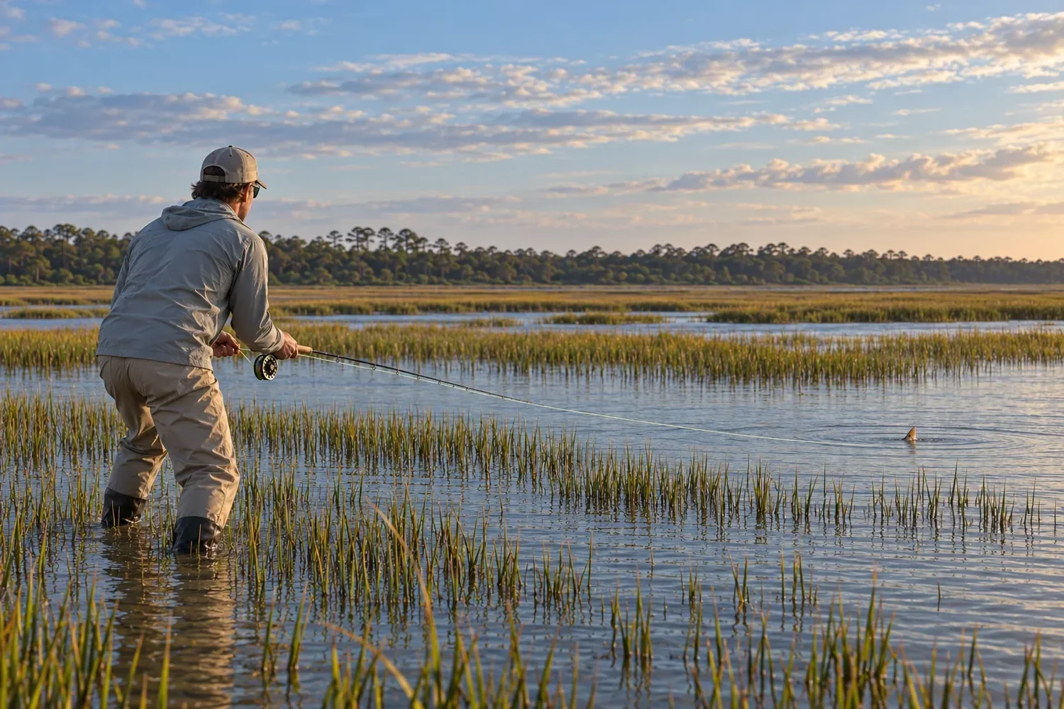 An angler wading in flooded spartina, rod low, with the fly line laid out toward a redfish tail