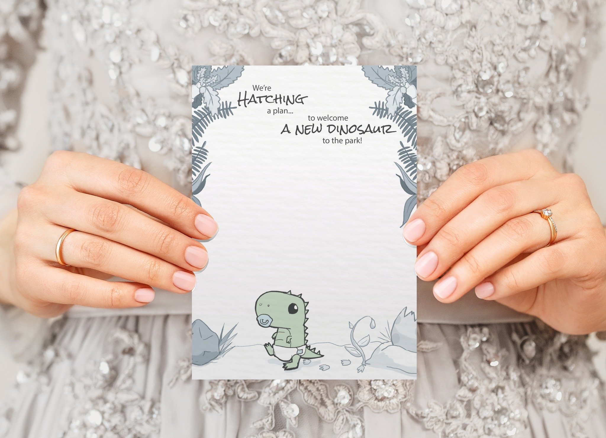 Life finds a way and WHOA BABY! 👶 🍼
Say hello to the cutest little dinosaur in the park! These custom baby shower invitations were ordered by a couple who love Jurassic Park and wanted to incorporate a personal touch, illustrated by Tate Heitz! 🦖