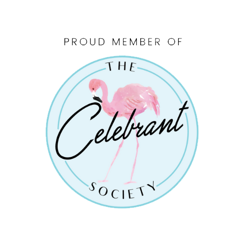 A circular logo with a pink flamingo illustration in the center. The text reads "The Celebrant Society" with stylized fonts, and "Proud Member Of" at the top.