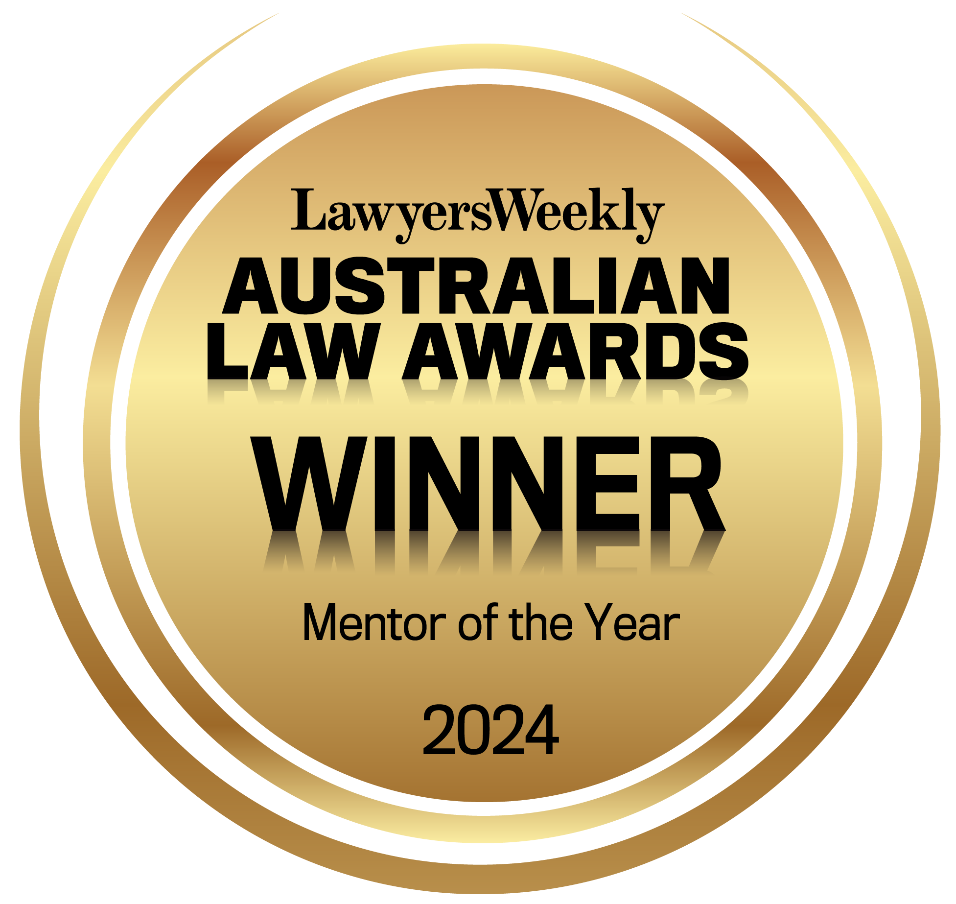 Gold medal with black text for Lawyers Weekly Australian Law Awards 2024, recognizing the winner of the Mentor of the Year award.