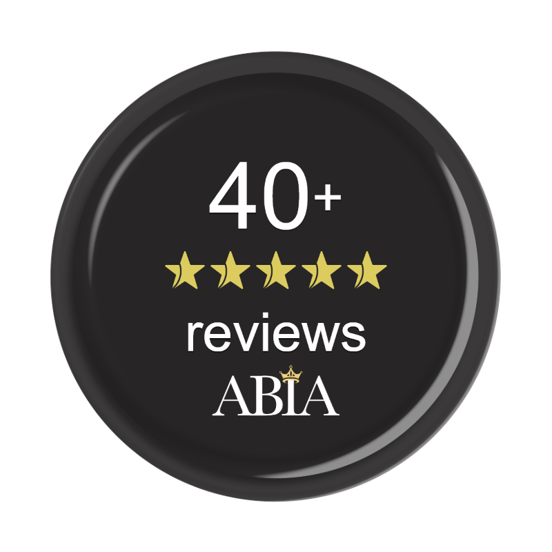 Circular badge displaying 40+ reviews with five gold stars, and the ABIA logo below.