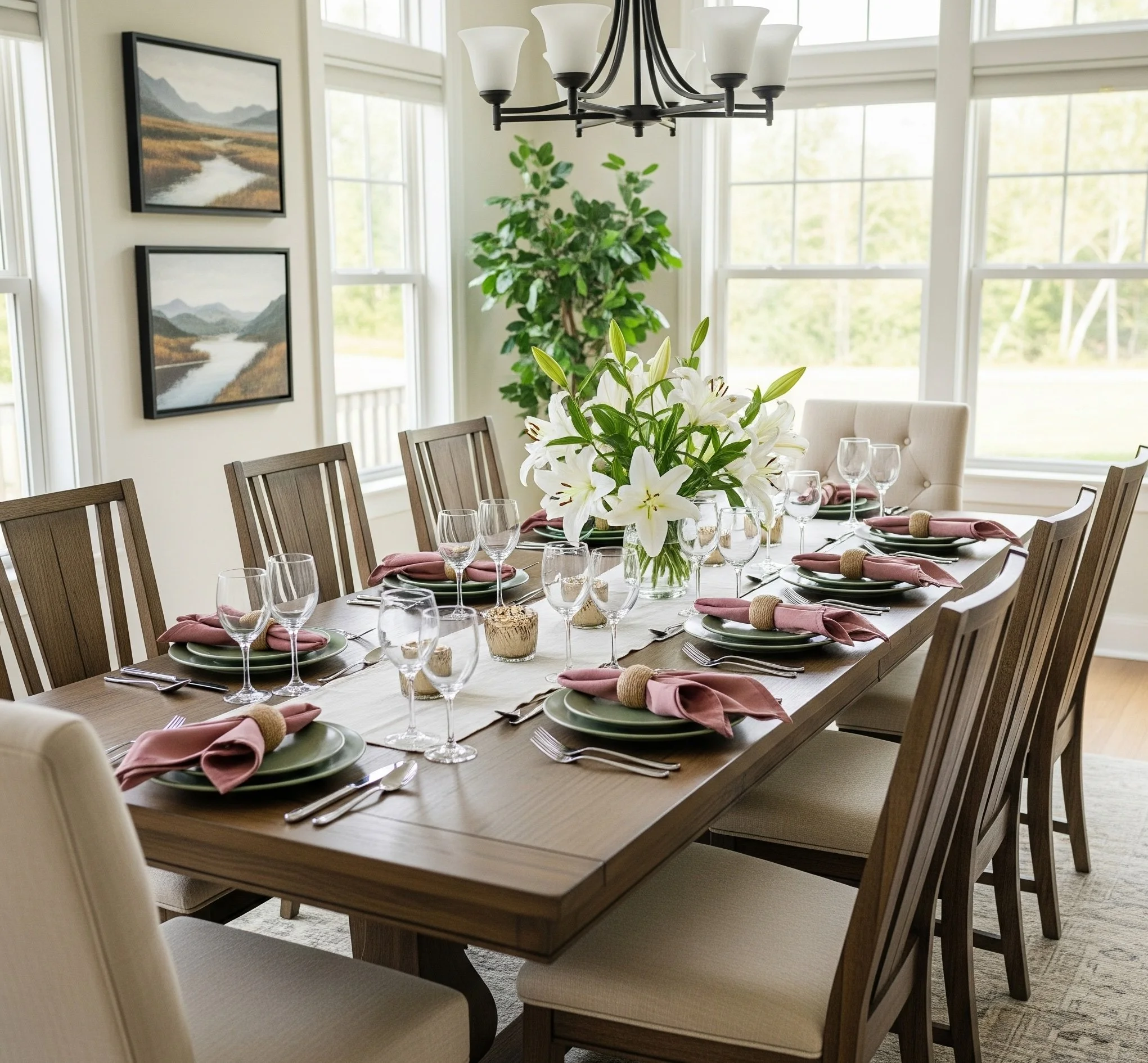 Staged Dining Room Olive Green and Rose napkins .jpg