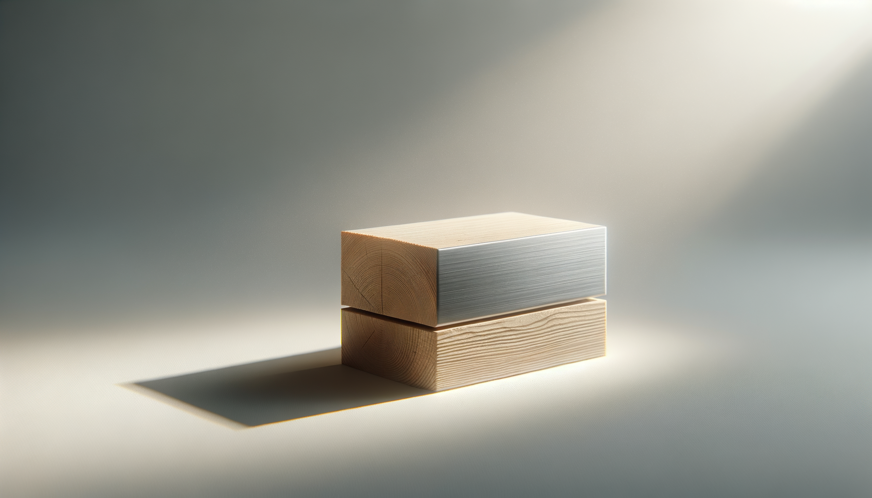 Two wooden blocks, one with a metal surface, stacked on a light surface with a shadow and soft light.