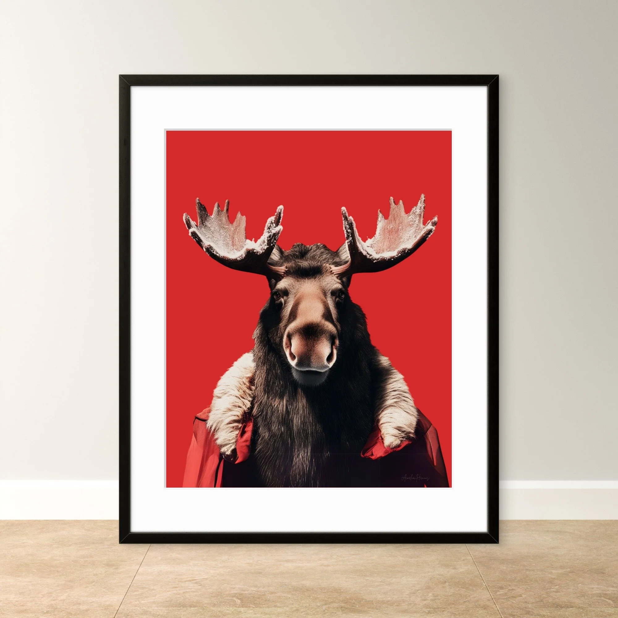 Majestic moose poster with a bold red background – a modern, vibrant wildlife art print perfect for lodges, cabins, and stylish home décor.