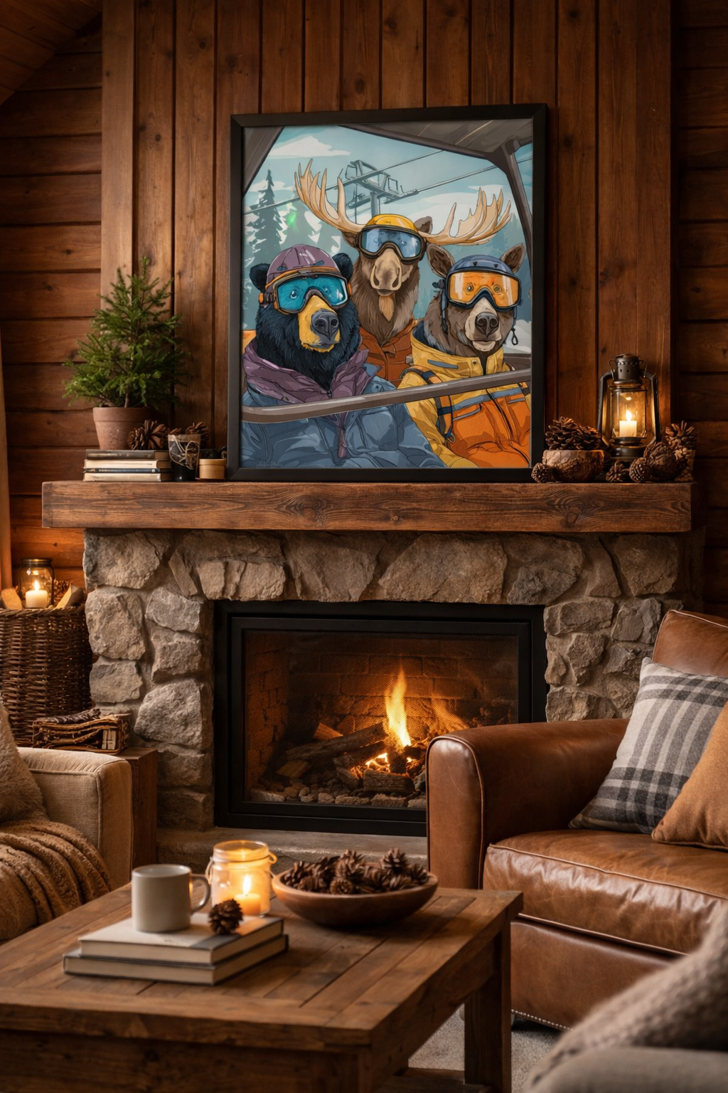 A framed illustration of three animals skiing on a mountain, featuring a bear, a moose, and a dog, all wearing ski goggles and jackets, hanging above a cozy stone fireplace in a rustic living room.